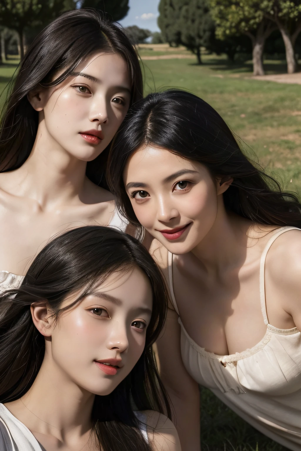 Ancient Roman landscape in the style of Poussin,A smile,,Sweet and seductive appearance.、Caravaggio's paintings、Chiaroscuro of Caravaggio、Hair disheveled in the wind,Two women frolicking,Cute smile, Expression of ecstasy,A sexy,erotick