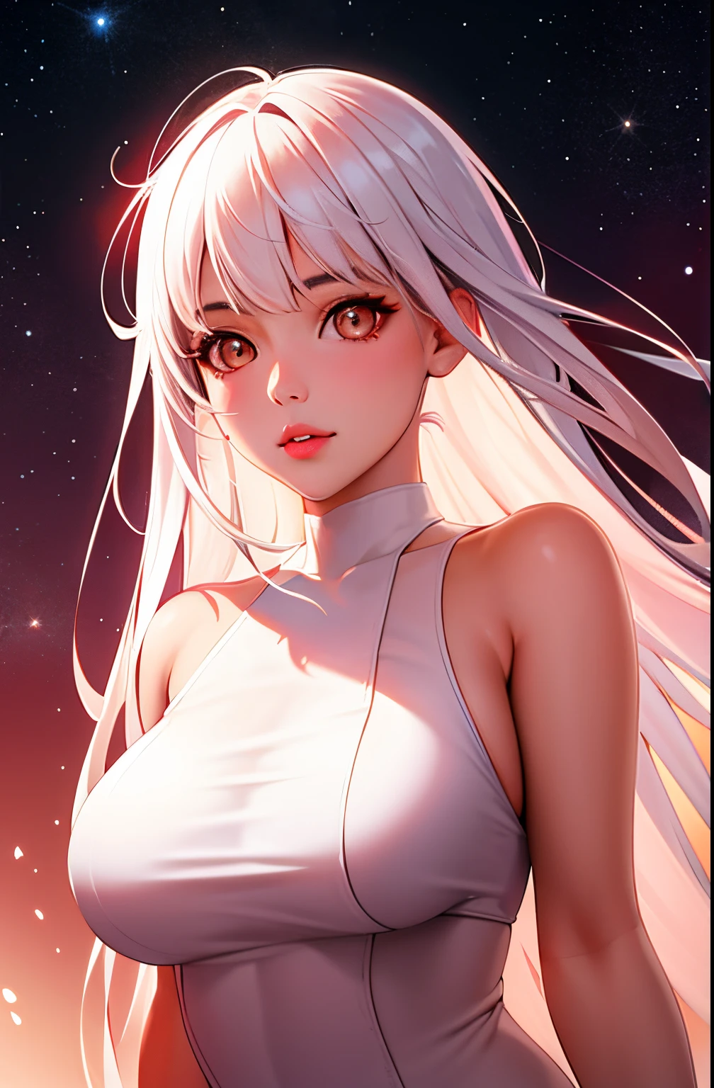 1 girl, beautiful face, ((white eyes)), sexy pose, red moon in the background, stars, space, (lightroom: 1.13), soft light, (natural skin texture: 1.2), (hyperrealism: 1.2), sharp focus, focus