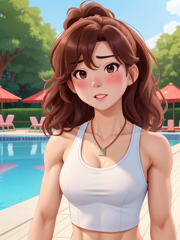 attractive korean woman, ripped muscle, muscular body, small breast, pale skin, sad(blush), sports tanktop, thin necklace, sixpack abs, [ultra detailed skin:1.2], brown hair, wavy hair, 8k uhd, pussy, full body, crowd, public, poolside, standing, cum on face,