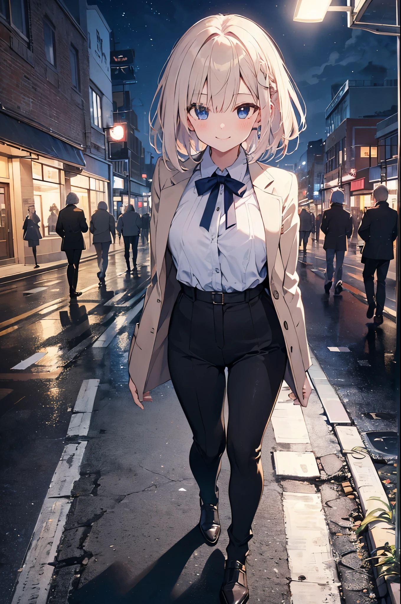 （Girl with a nasty appearance:1.3）、(Night time:1.5)、(and chest:1.4)、Raw photography, top-quality, hight resolution, (​masterpiece), (Photorealsitic:1.4), (Mole under the eyes),Anime , foco nítido, nffsw, 8K分辨率, intricate detailes, depth of fields, the Extremely Detailed CG Unity 8K Wallpapers, front lit, femele,25-years old、 Happy face,Smiling、Bangs covering one eye、(tying  hair:1.5)、(Medium Showtrain Bo Hair)、(Casual Suit)、blue eyess,(Downtown at night:1.5)、(Walk:1.3)、(Full body depiction)、cell phone、(From the top:1.2)、shining world、illumination winter