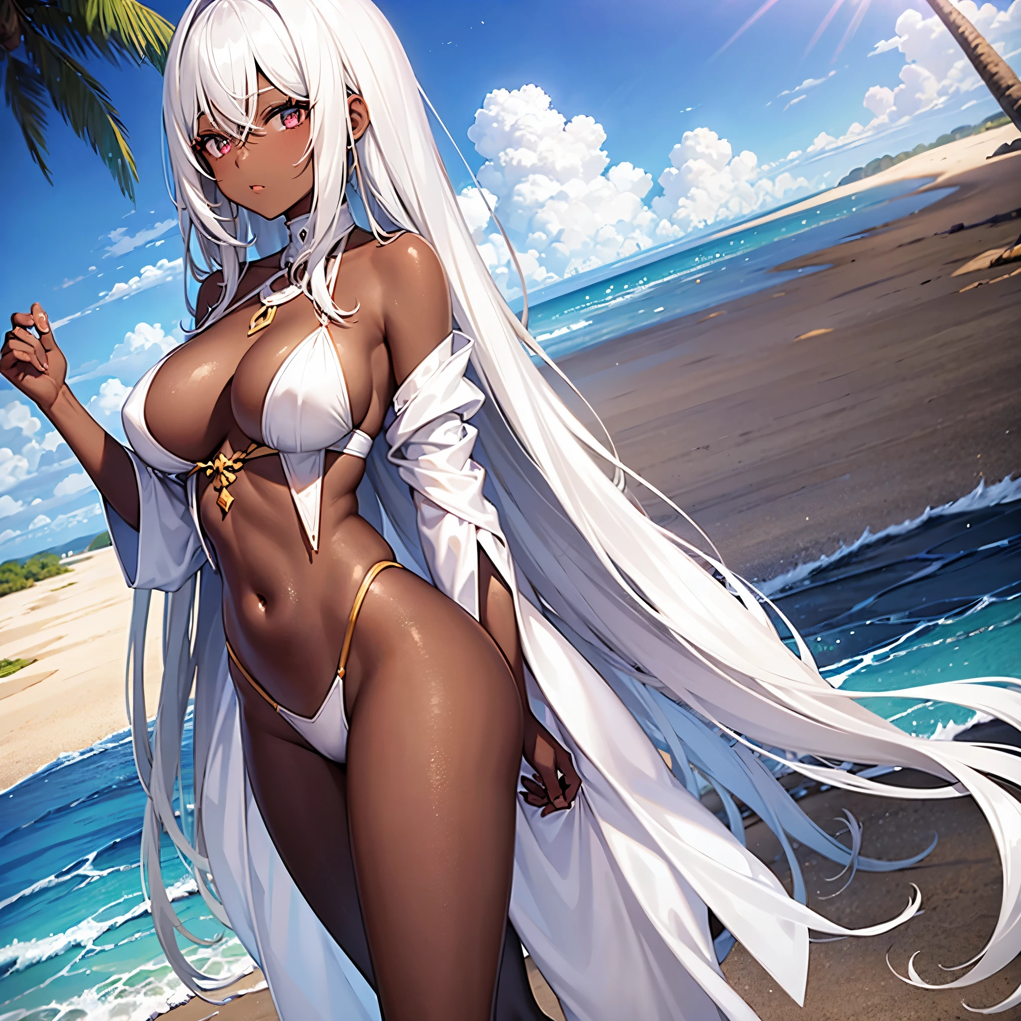 1 girl, dark skin, cute face, white hair, long hair, harem outfit, beach,