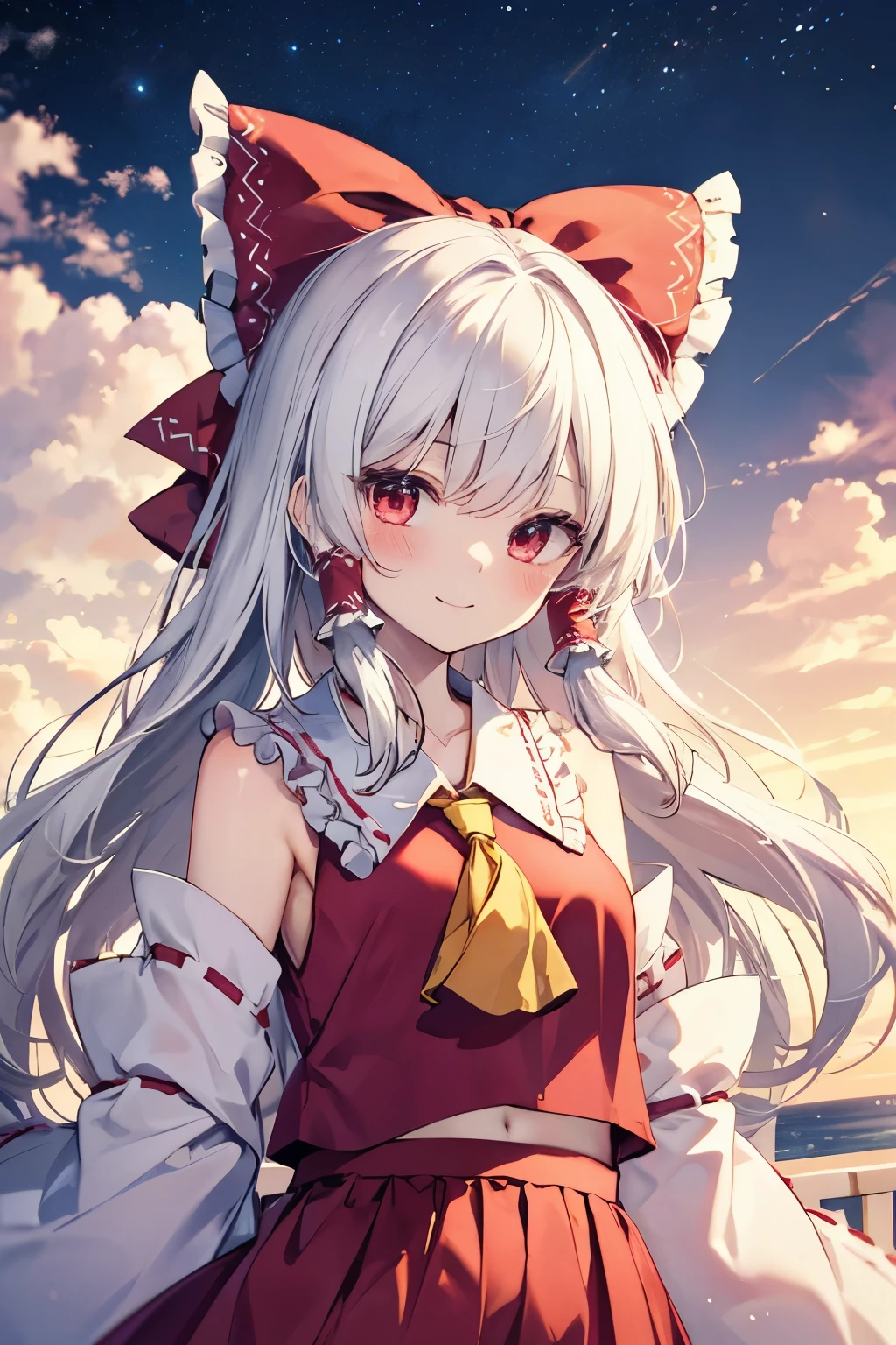 Hakurei Reimu,Touhou project, smile, blush , half body, white hair