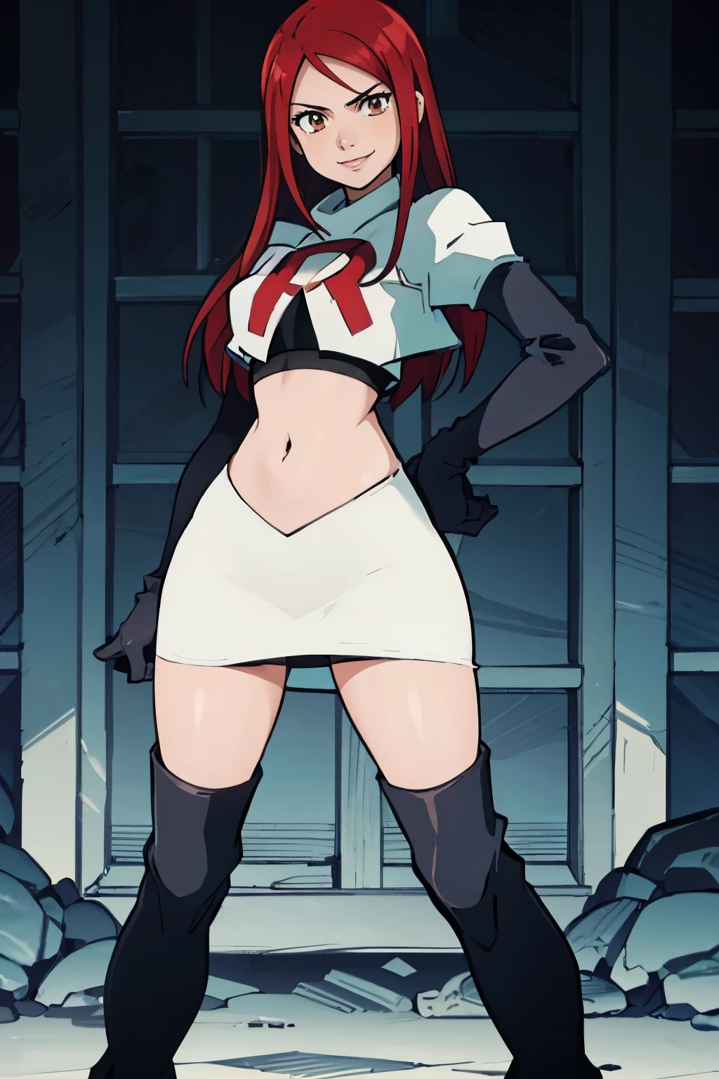 Erza Scarlet, long hair,red hair, brown eyes, ,team rocket uniform, red letter R, white skirt,white crop top,black thigh-high boots, black elbow gloves, smile, looking at viewer, cowboy shot, sexy pose