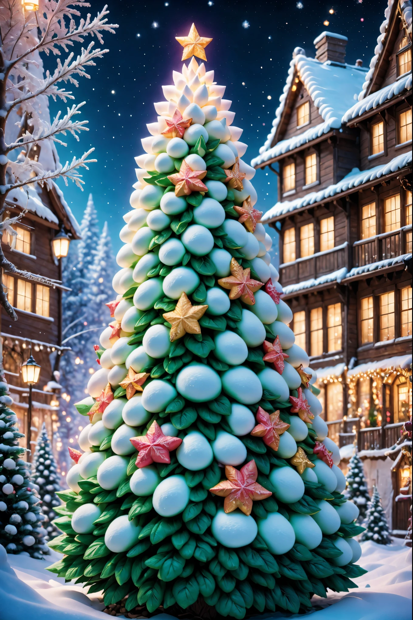 Fluffy Marshmallow Christmas Tree,Comfortable winter environment，Joyful festive atmosphere，starrysky，Twinkling starresh air in winter，winter fairy tale，