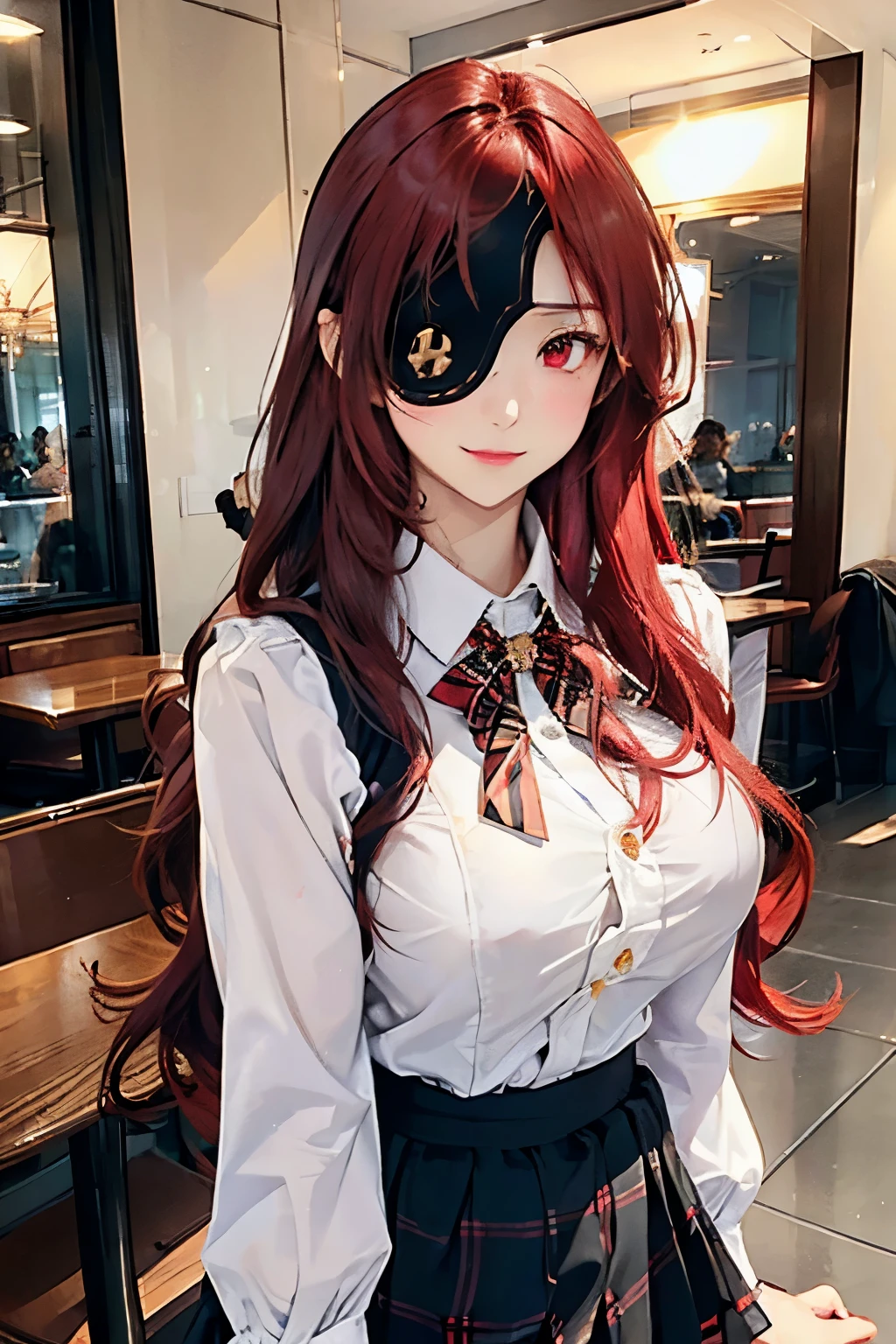 ((best quality)), ((masterpiece)), (detailed), perfect face, ((eyepatch:1.2)), (long hair:1.4), (red hair, red eyes:1.4), 1girl, solo, skirt, shirts, vest, legging, white shirts, Button-up shirts, black vest, smile, outdoors, black skirt, looking at viewer, black legging, rose pattern legging, long sleeves, bangs, ribbon, frilled skirt, frills, plaid, bow, open clothes, blush, neck ribbon, Star shape eyepatch, gold eyepatch, standing, red ribbon, wide sleeves,, hand on waist, medium breasts, large breasts, cafe, inside bosco cafe, cowboy shot