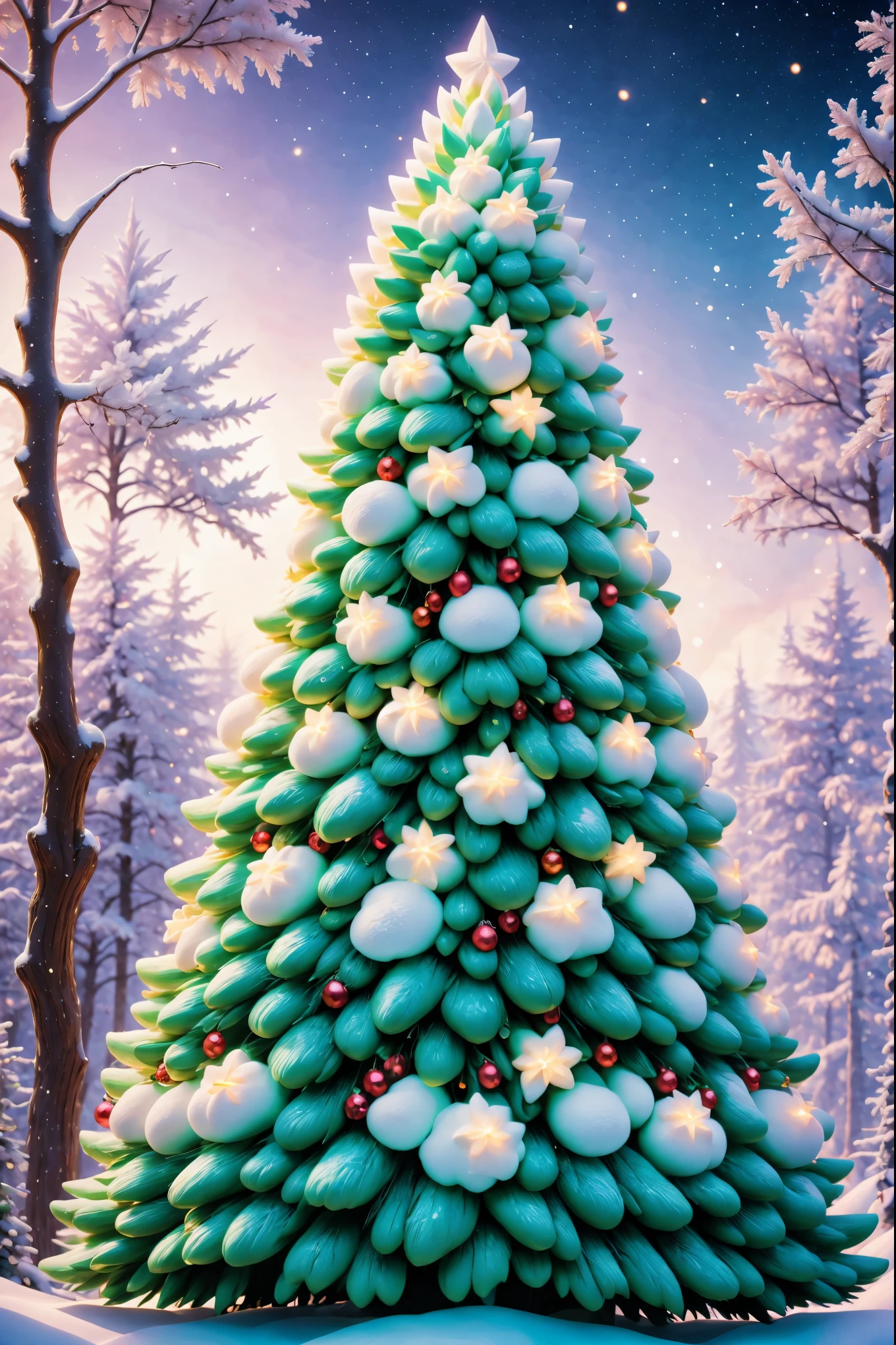 Fluffy Marshmallow Christmas Tree,Comfortable winter environment，Joyful festive atmosphere，starrysky，Twinkling starresh air in winter，winter fairy tale，