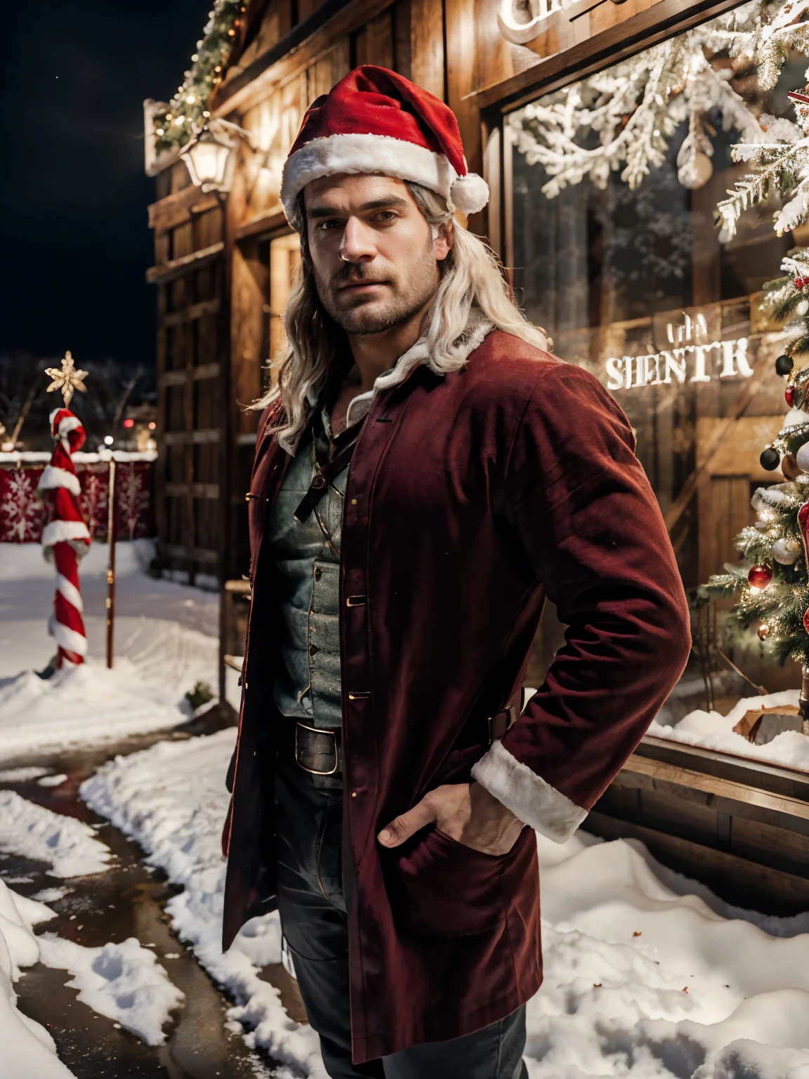 (RAW style, masterpiece, best quality, ultra-detailed), full body pictures, 28 years old Henry Cavill as Witcher in Christmas scener, wearing Santa's coat and and Santa’s hat beautiful night, cheerfully and happy, analog style, (skin texture, film grain), cinematic light, sidelighting, ultra high res