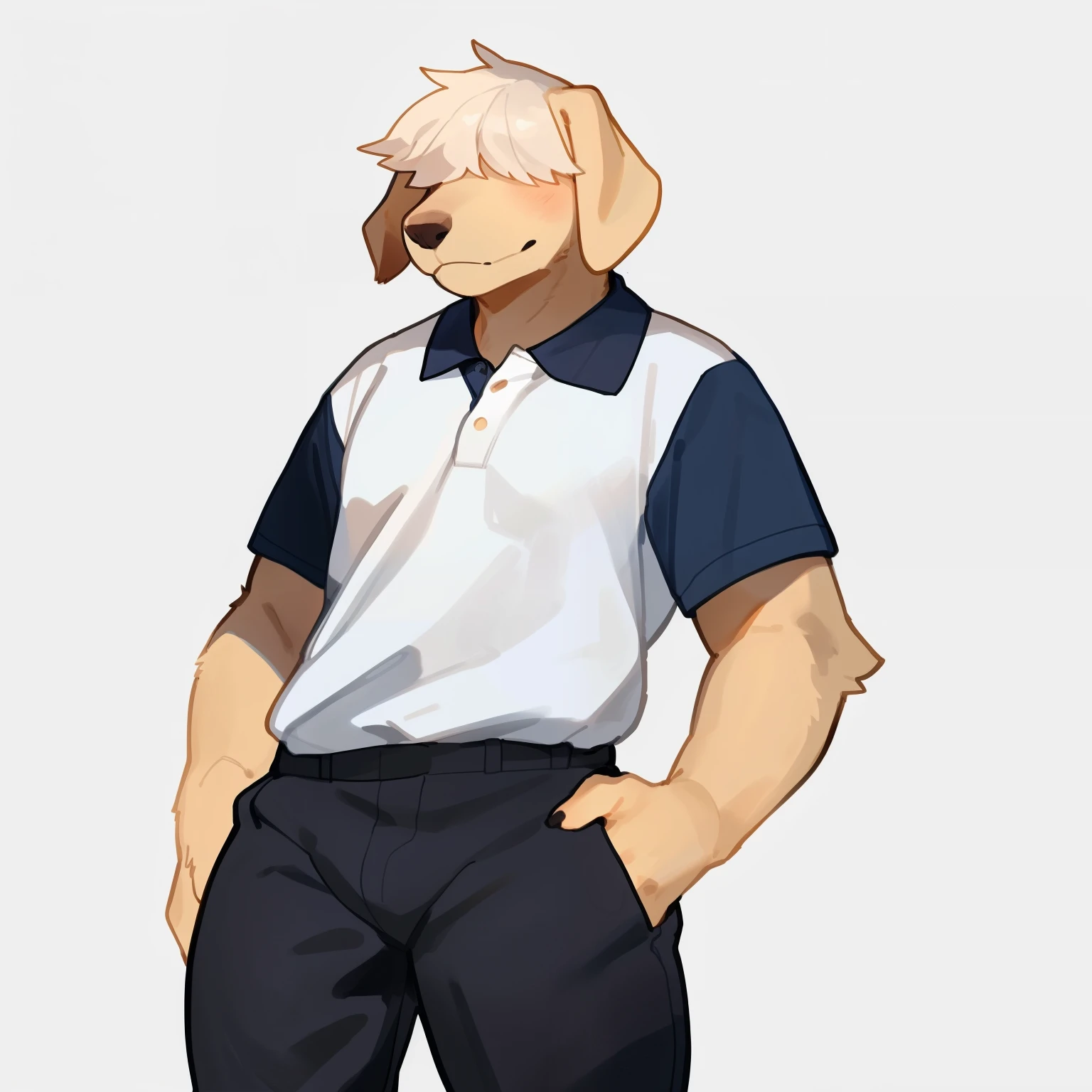 By bigcozyorca, by bebebebebe, by buta99, solo, male, (hair, snout), labrador, hair over eyes, bored, tall, looking at viewer, tight pants, polo shirt, standing,