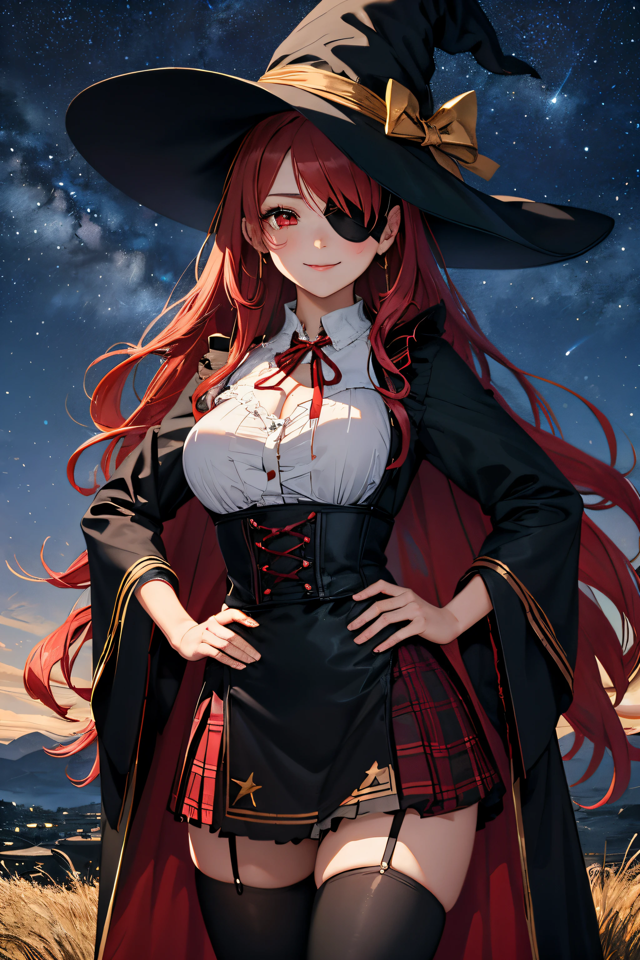 ((best quality)), ((masterpiece)), (detailed), perfect face, ((eyepatch:1.2)), (long hair:1.4), (red hair, red eyes:1.4), 1girl, solo, hat, skirt, legging, witch hat, dirndl gown, black headwear, black dirndl gown, smile, outdoors, black skirt, looking at viewer, black legging, rose pattern legging, red witch hat, long sleeves, bangs, ribbon, frilled skirt, frills, plaid, bow, open clothes, blush, neck ribbon, Star shape eyepatch, gold eyepatch, standing, red ribbon, wide sleeves, black robe, open robe, robe, , hand on waist, medium breasts, large breasts, night, starry night sky, cowboy shot