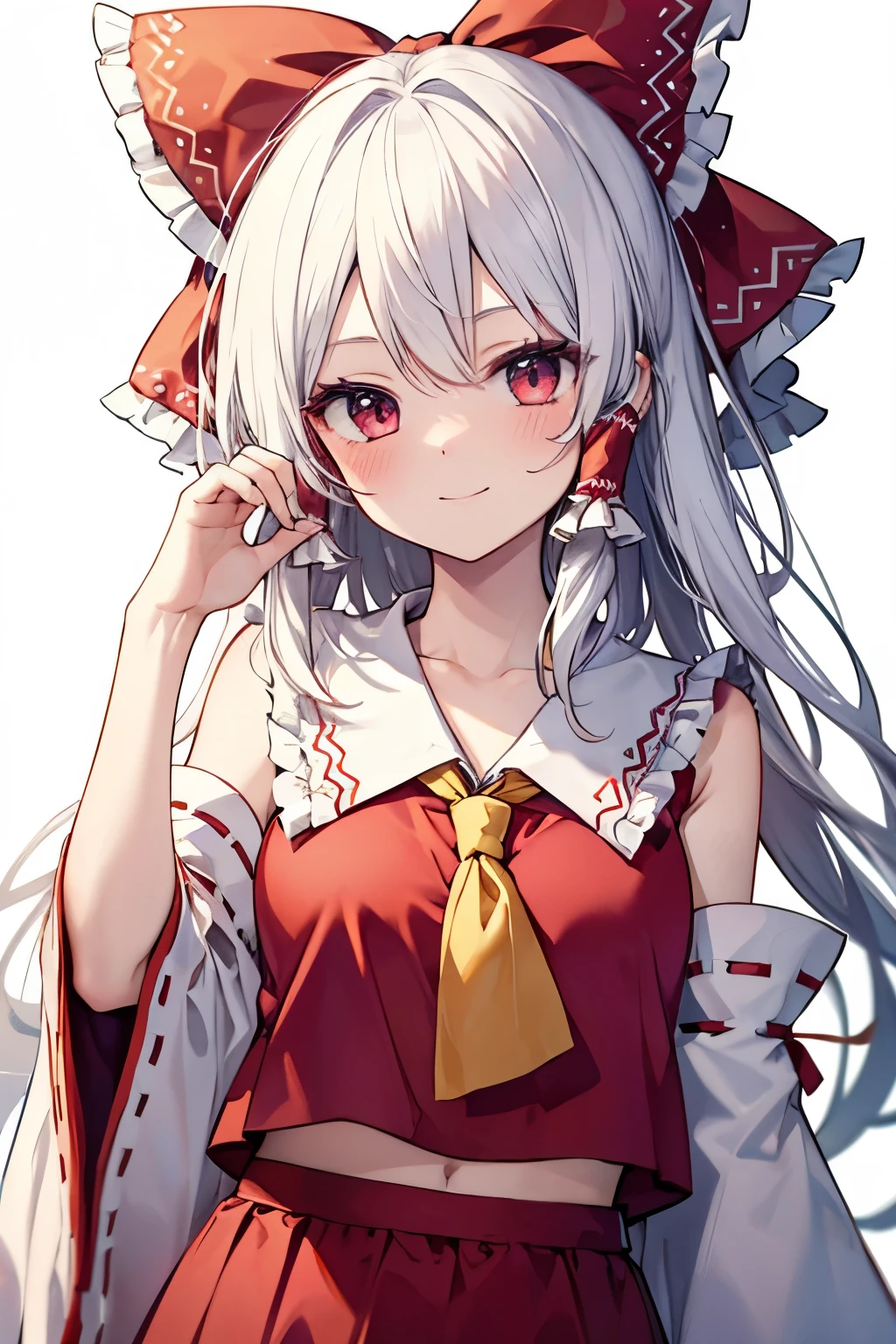 Hakurei Reimu,Touhou project, smile, blush , half body, white hair