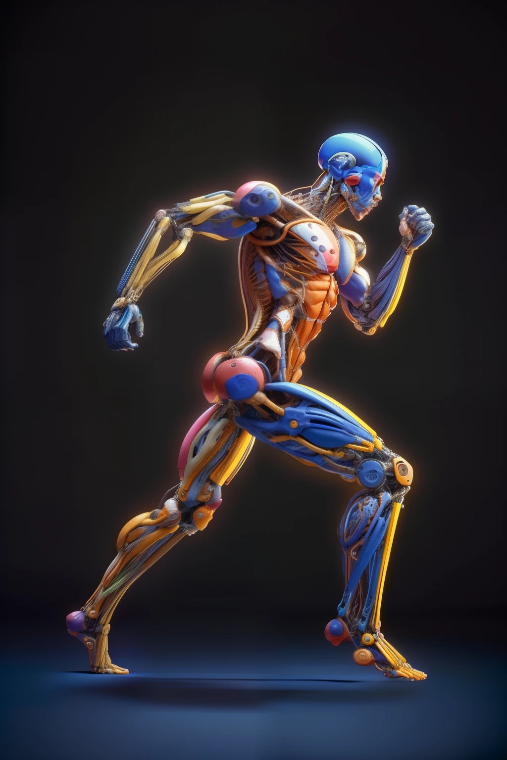 A male robot running with a colorful body map, Brightly colored anatomical robot, colorful musculature robot, exaggerated musculature, Electromechanical,exaggerated musculatureの体格, perfect musculature structure, The human body breaks down, Robot as medical musculature anatomy, musculature reference, musculature, abstract human body, defined musculature, highly detailed musculature, marked musculature, Surreal anatomy, detailed veiny muscles