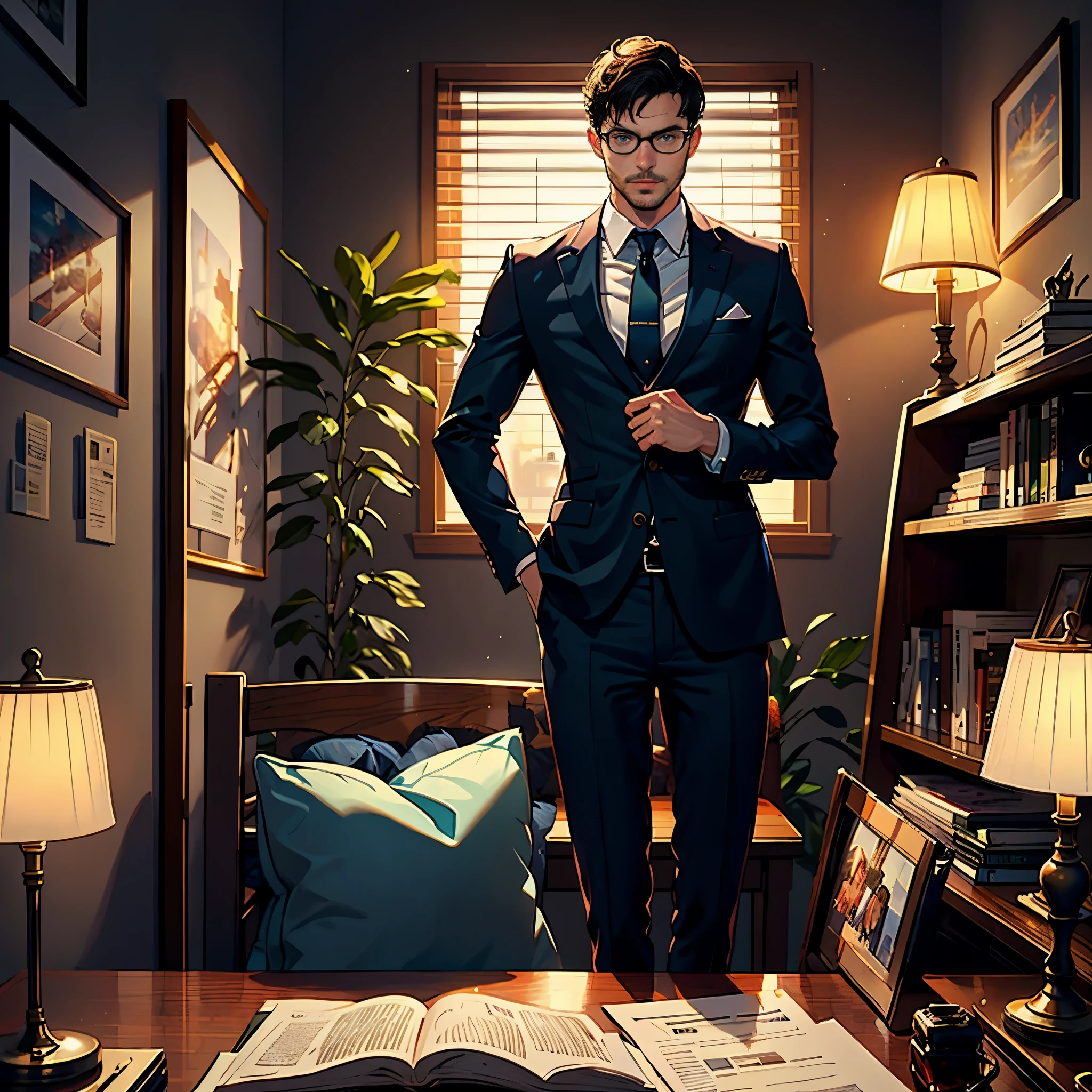 A middle-aged man, dressed in a suit, (Beard and Kaminovi scene, (Impeccably clean), Wearing glasses, serious and elegant man, Looks a lot like actor Jamie Dornan, Thick eyebrow man, with short black hair, largeeyes, serious expressions, Sitting at your desk, Lamp light, similar to a movie scene, Colorful, A gorgeous one, artwork of a, hyper-high detail, tmasterpiece, Best Picture Quality