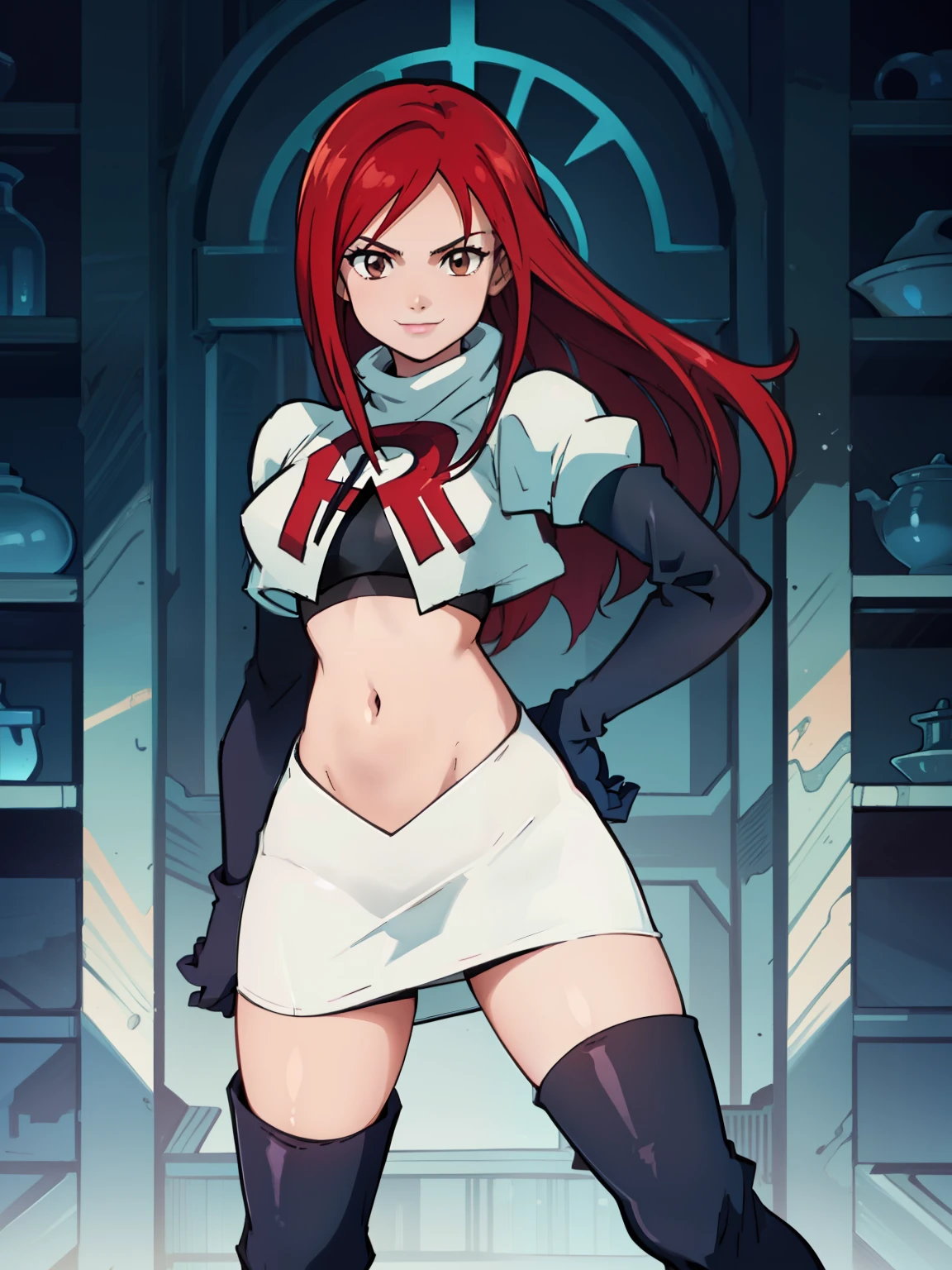 Erza Scarlet, long hair,red hair, brown eyes, ,team rocket uniform, red letter R, white skirt,white crop top,black thigh-high boots, black elbow gloves, smile, looking at viewer, cowboy shot, sexy pose