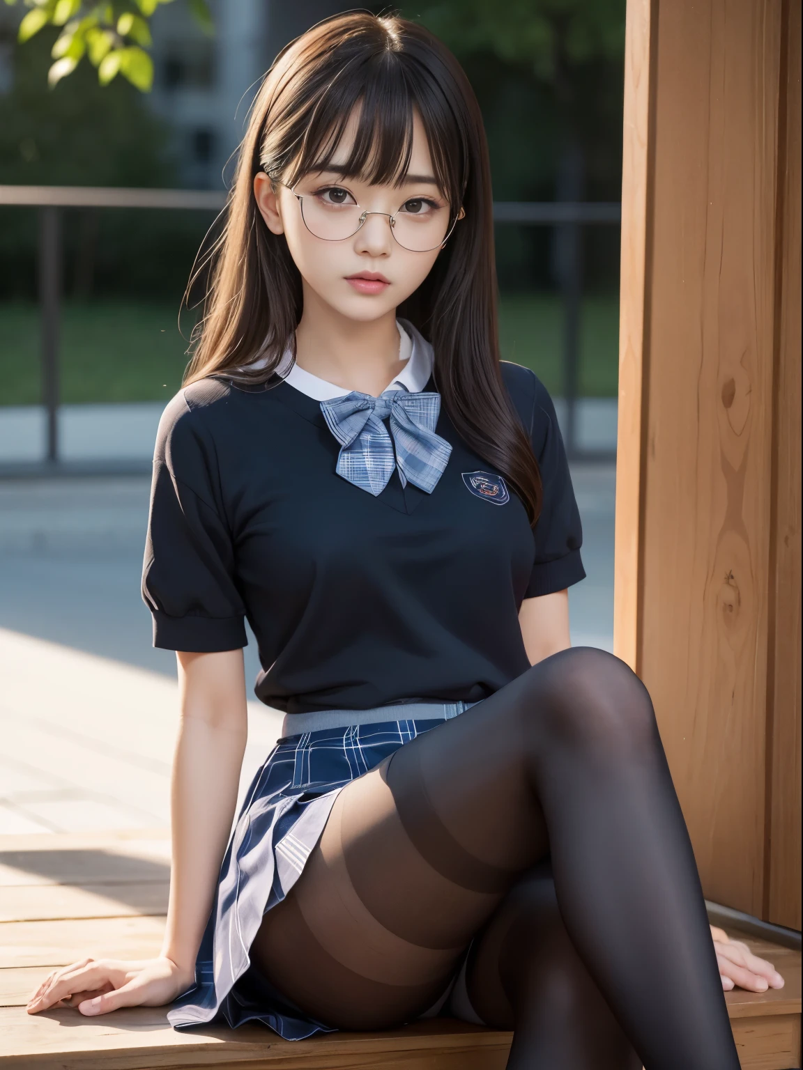 (I see underwear)、((細いThe eye))、((細いThe eye))、((細いThe eye))、(8K、生a picturegraphy、top-quality、masterpiece:1.2),、Has a small、(flat breast)、(flat breast)、(flat breast)、(flat breast)、(flat breast)、(being thin)、light skinned、skin whitening、Dark look、Rasping,glamor,light skinned肌,cocky,School,watching at viewers,Looking at the front,Muchimuchi,High-pitched clothing,Erotic,Pupils,de pele branca,kne,((Black pantyhose)),absurderes,a small face,,Forehead visible,Bangs hanging from the left and right sides of the forehead,(a cold expression,The eyeがきつめ,glares,Bullish,irate)、masterpiece,top-quality、超A high resolution,生a picture,ren,Beautiful fece,One Person, 独奏,eye glass,,Dark look,Small breasts,fullllbody,まるeye glass,JK school uniform,hi-school girl,A Japanese Lady, (Photorealsitic:1.37)、Photon mapping,Realistic、Beautie,Cute little face,ブラウンThe eye、Black socks、(Red bow tie)、Radio City、Physically Based Rendering、depth of field rally background、a picture,Body,beauty legs, Long legs, Thin leg,(Bangs are visible), hair, s lips, Blue_The eye, nosesoft,(Light blue shirt), (Navy and blue and white plaid pleated skirt), kneが見える,Sheer clothing,, Thigh, Black cotton socks,Nogizaka Idol, , Japanese ido