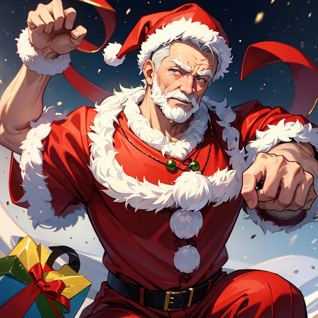 top-quality、Top image quality、male people、A old man、well-muscled、santa costume、fighting santa claus、protect the gift bag、dynamic quality、snowscape