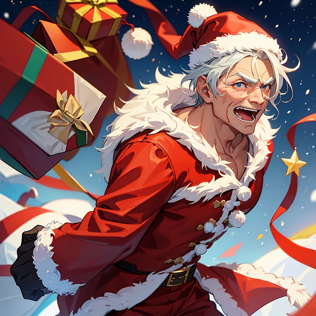 top-quality、Top image quality、male people、A old man、well-muscled、santa costume、fighting santa claus、protect the gift bag、dynamic quality、snowscape