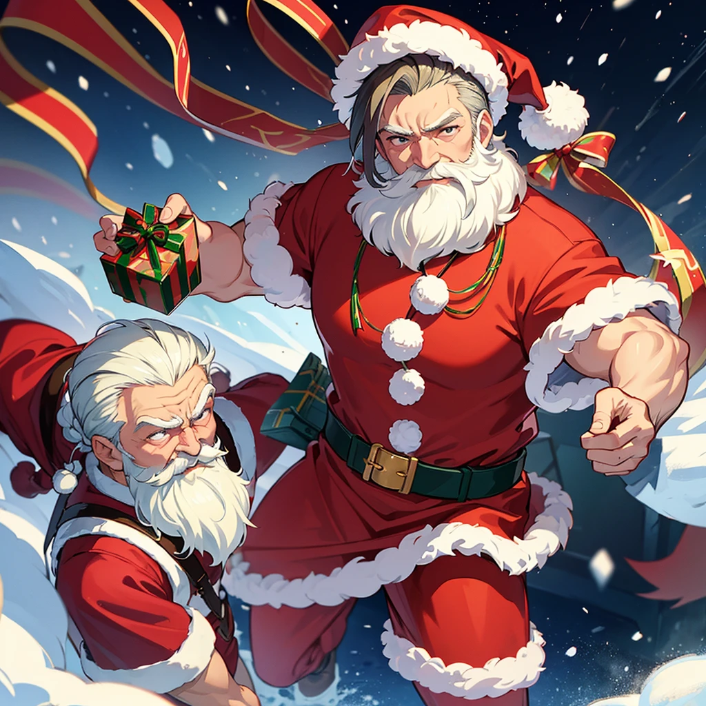 top-quality、Top image quality、male people、A old man、well-muscled、santa costume、fighting santa claus、protect the gift bag、dynamic quality、snowscape