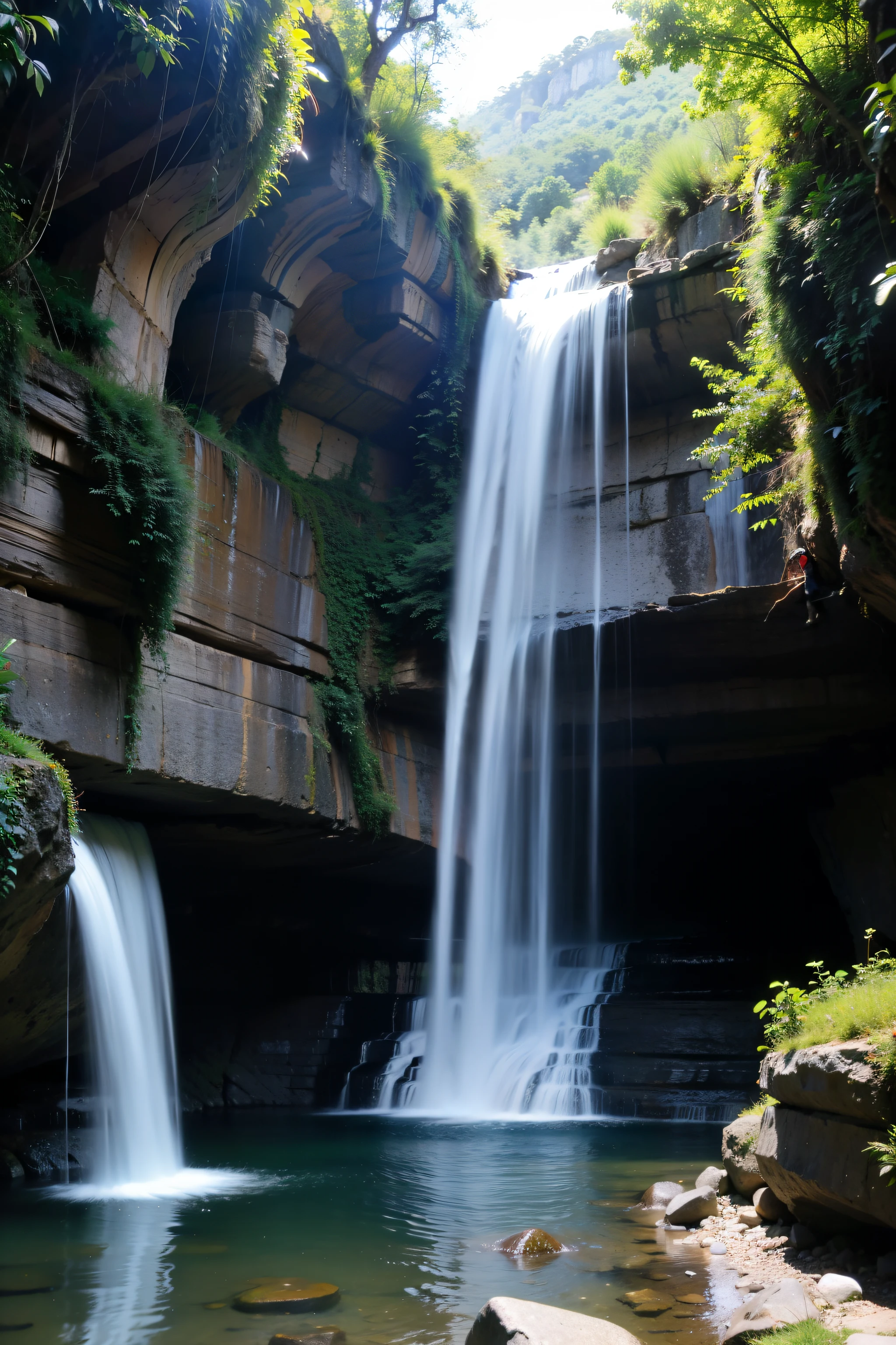 deep mountain, waterfallr, bushes