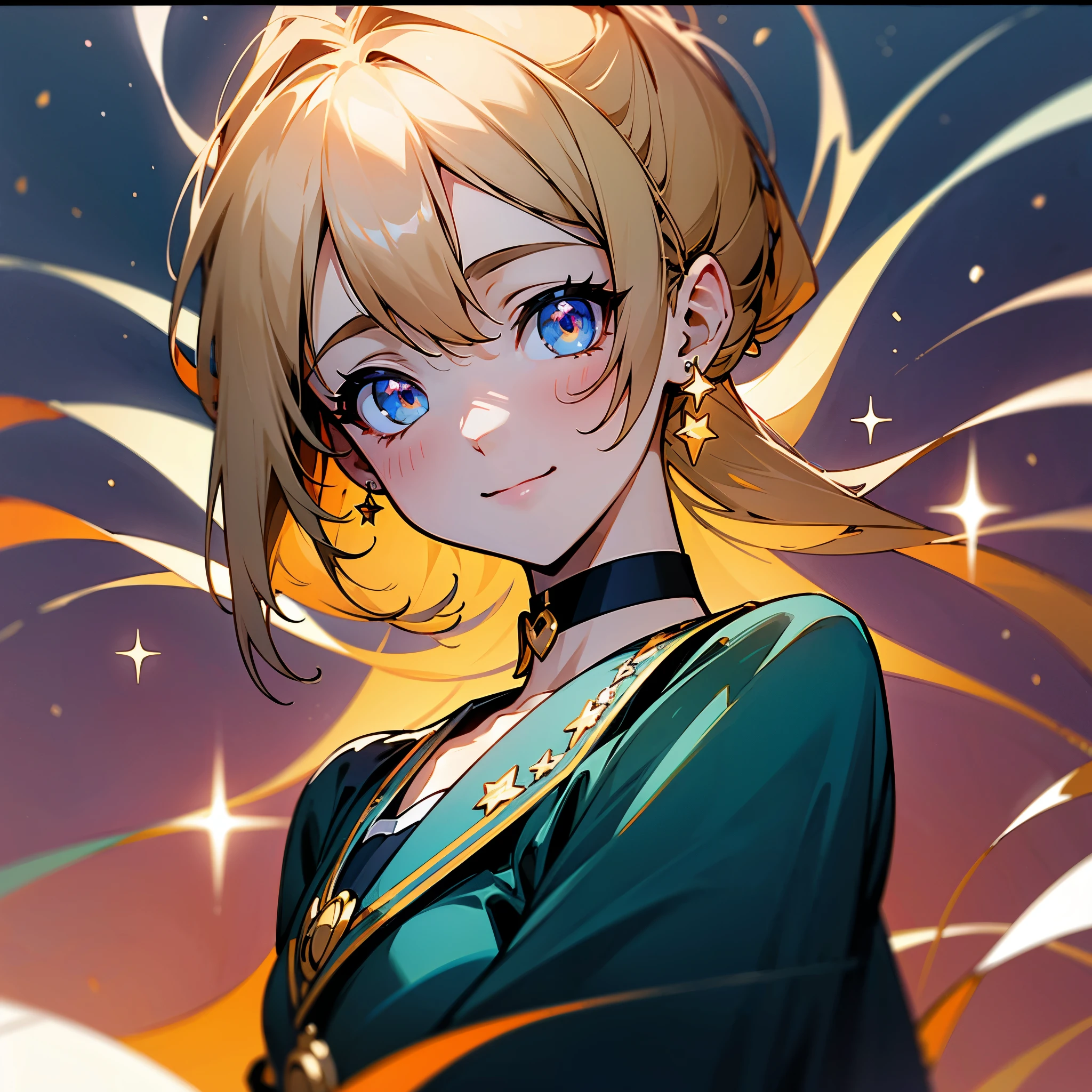 (masterpiece, best quality, highres, ultra-detailed, 8k, 4k), artbook, anime coloring, CG, illustration , fantasy, mksks ,1girl, solo, earring, choker, background is a huge ornate circular pattern, smile, happy looking at viewer, fireworks, stars, night, outdoors, (dutch angle), close up, face focus, upper body
