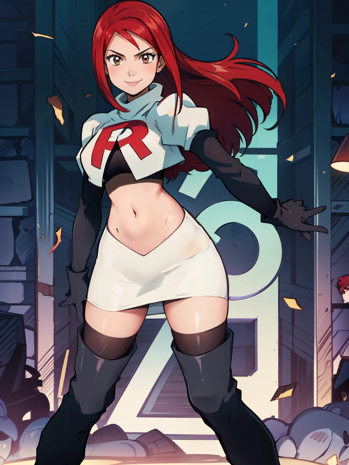 Erza Scarlet, long hair,red hair, brown eyes, ,team rocket uniform, red letter R, white skirt,white crop top,black thigh-high boots, black elbow gloves, smile, looking at viewer, cowboy shot, sexy pose