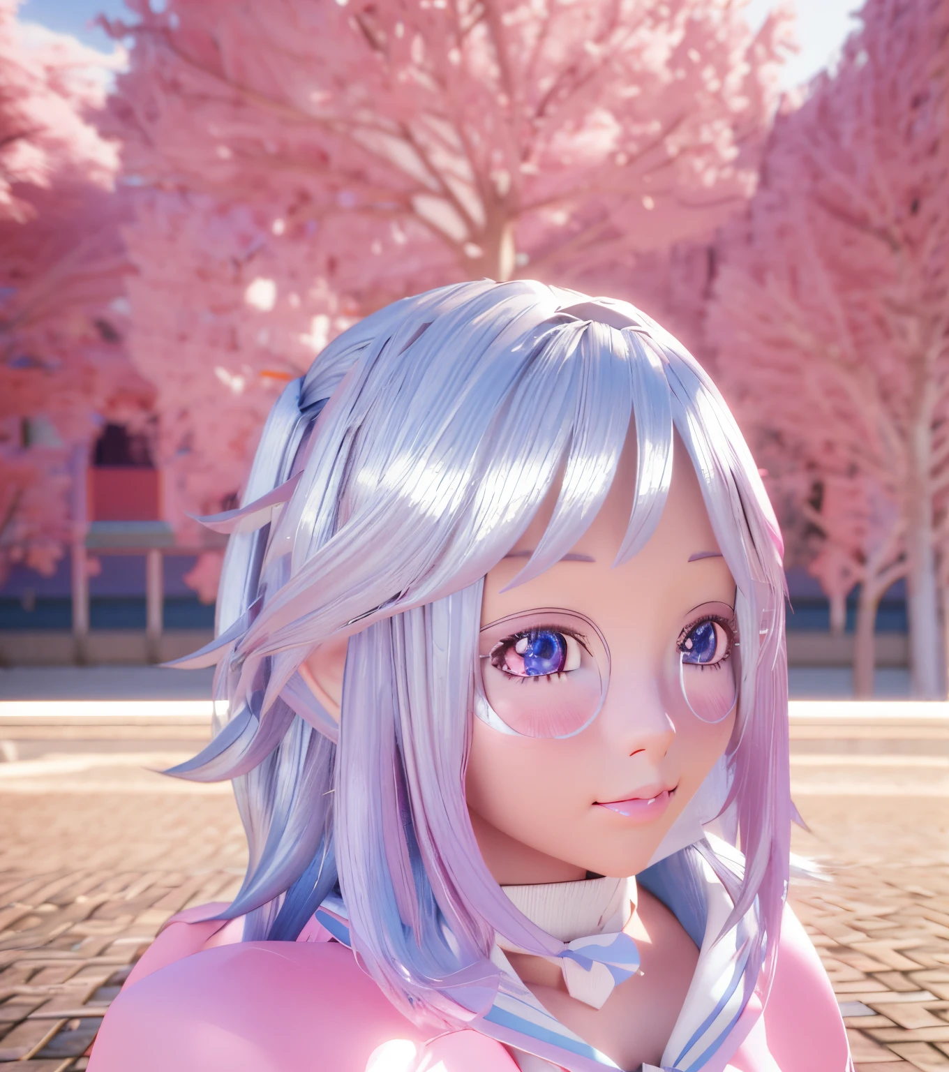 there is a cartoon character that is standing in a field, anime styled 3d, render of a cute 3d anime girl, pink twintail hair and cyan eyes, silver hair girl, oc rendered, stylized anime, halfbody headshot, 3d anime girl, second life avatar, silver haired, anime stylized, silver hair (ponytail)