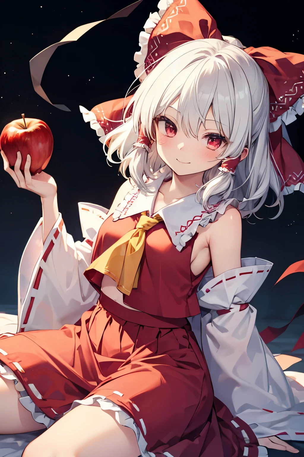 Hakurei Reimu,Touhou project, smile, blush , half body, white hair, holding apple