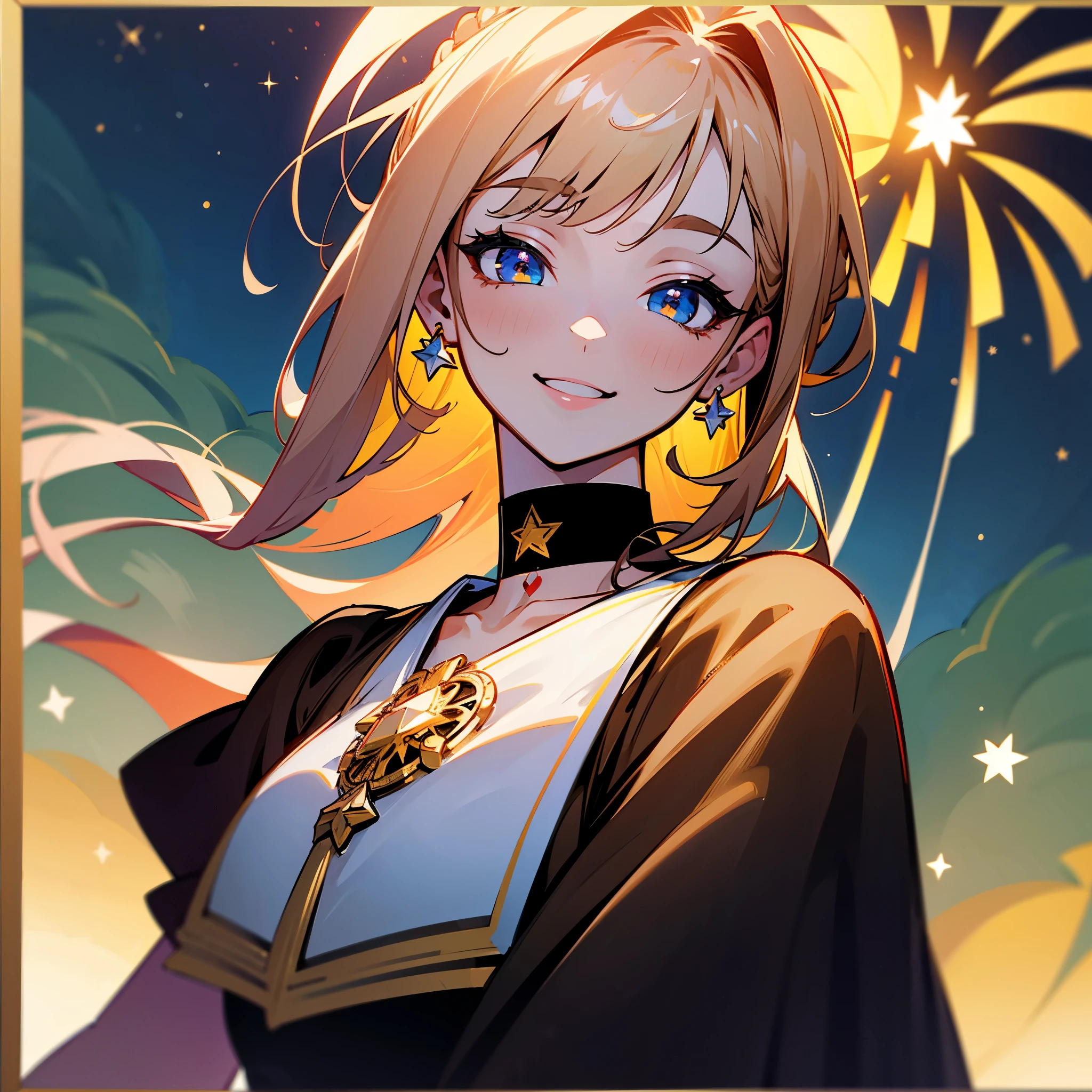 (masterpiece, best quality, highres, ultra-detailed, 8k, 4k), artbook, anime coloring, CG, illustration , fantasy, mksks ,1girl, solo, earring, choker, background is a huge ornate circular pattern, smile, happy looking at viewer, fireworks, stars, night, outdoors, (dutch angle), close up, face focus, upper body