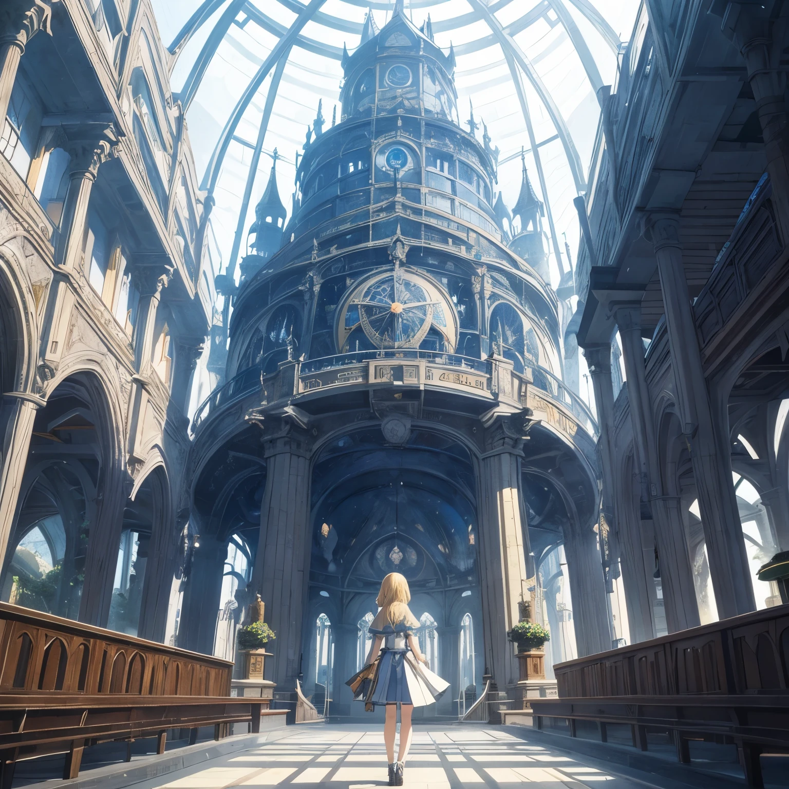 Antonio Sant'Elia, Anton Pieck, Surreal, mysterious, strange, fantastical, fantasy, Sci-fi, Japanese anime, multidimensional polyhedral architecture, blueprint, developed view, cross-section, compass and grid, seashell, beautiful blonde miniskirt girl Alice, perfect voluminous body, detailed masterpiece