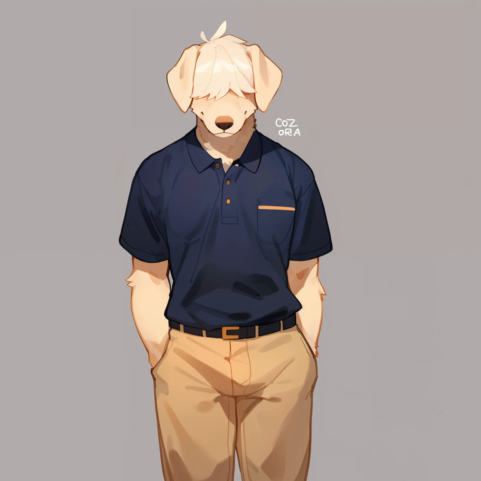 By bigcozyorca, by bebebebebe, by buta99, solo, male, (hair, snout), labrador, hair over eyes, bored, tall, looking at viewer, tight pants, polo shirt, standing, facing viewer, twink, thin