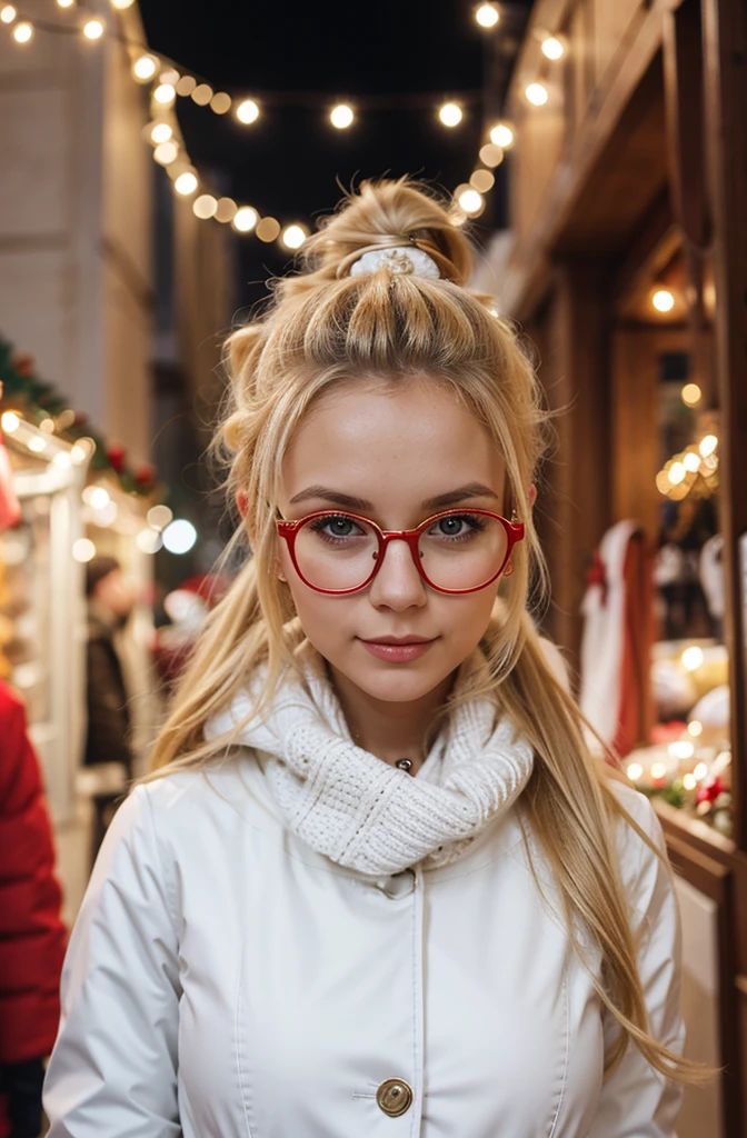 Slavic girl 26 years old, blonde hair, petite, slim, small boobs, ponytail, red glasses, wearing white down winter coat, Christmas tree, ready to go outside, scarf around the neck, Christmas market, night, looking at the decorations,