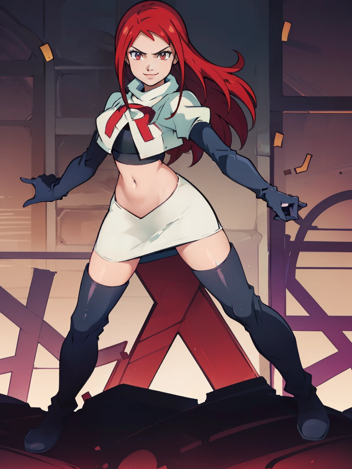 Erza Scarlet, long hair,red hair, brown eyes, ,team rocket uniform, red letter R, white skirt,white crop top,black thigh-high boots, black elbow gloves, evil smile, looking at viewer, cowboy shot, sexy pose