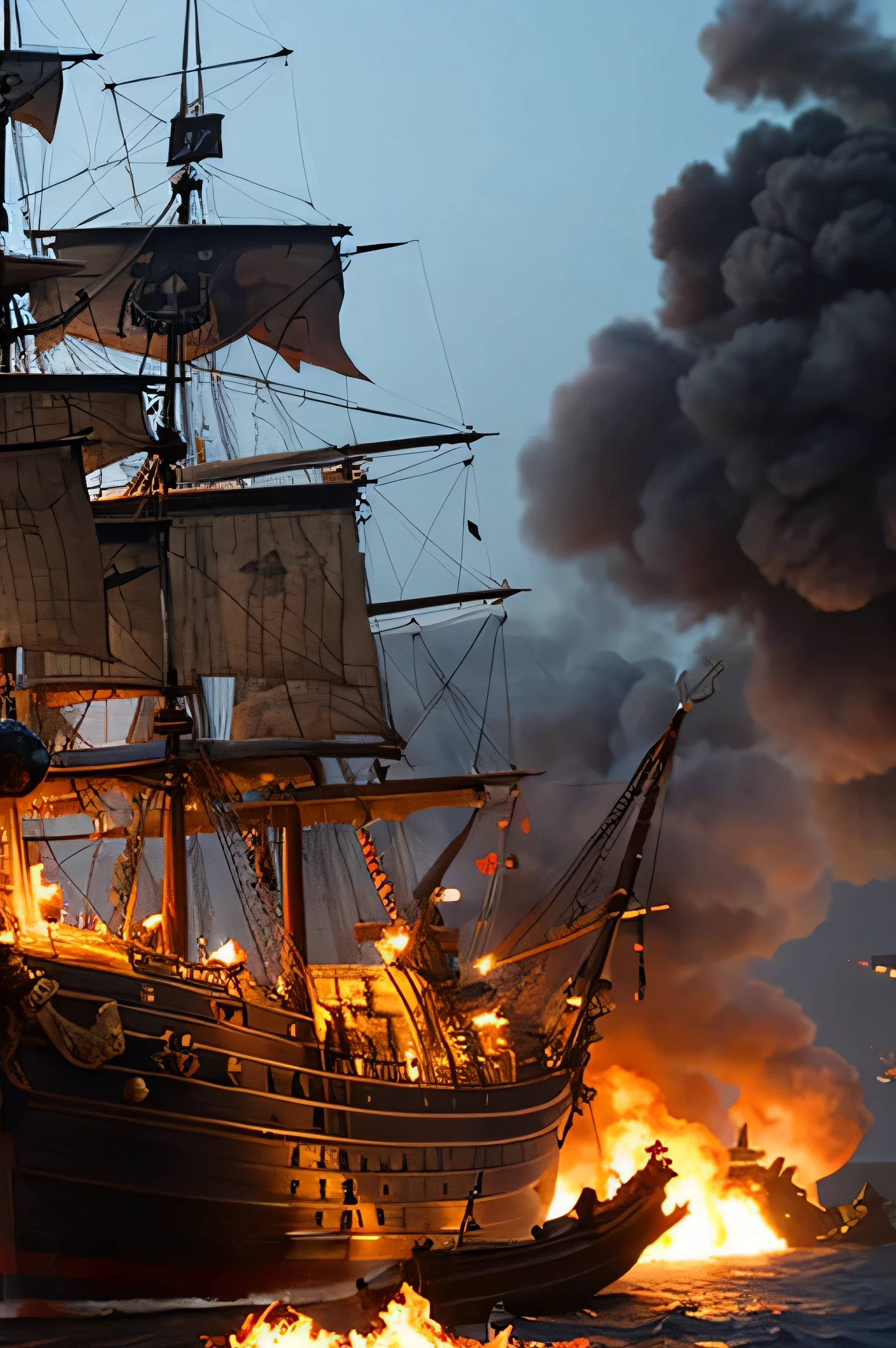 Collision between pirate ships　burn　ass hole up
