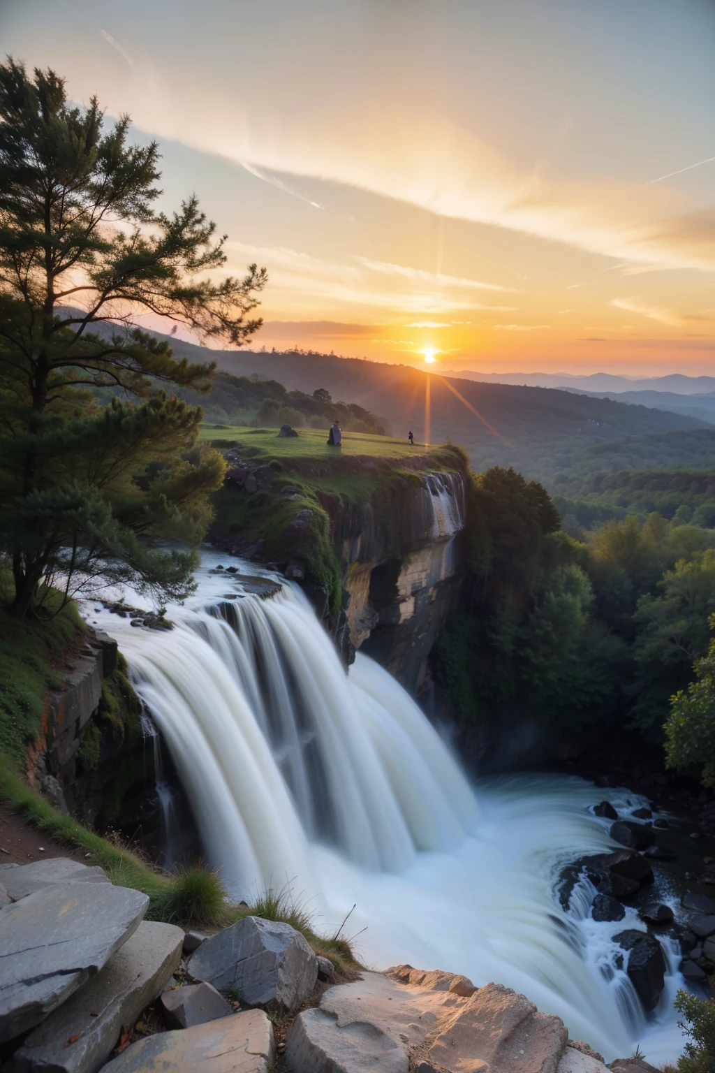 Mountain waterfall sunset