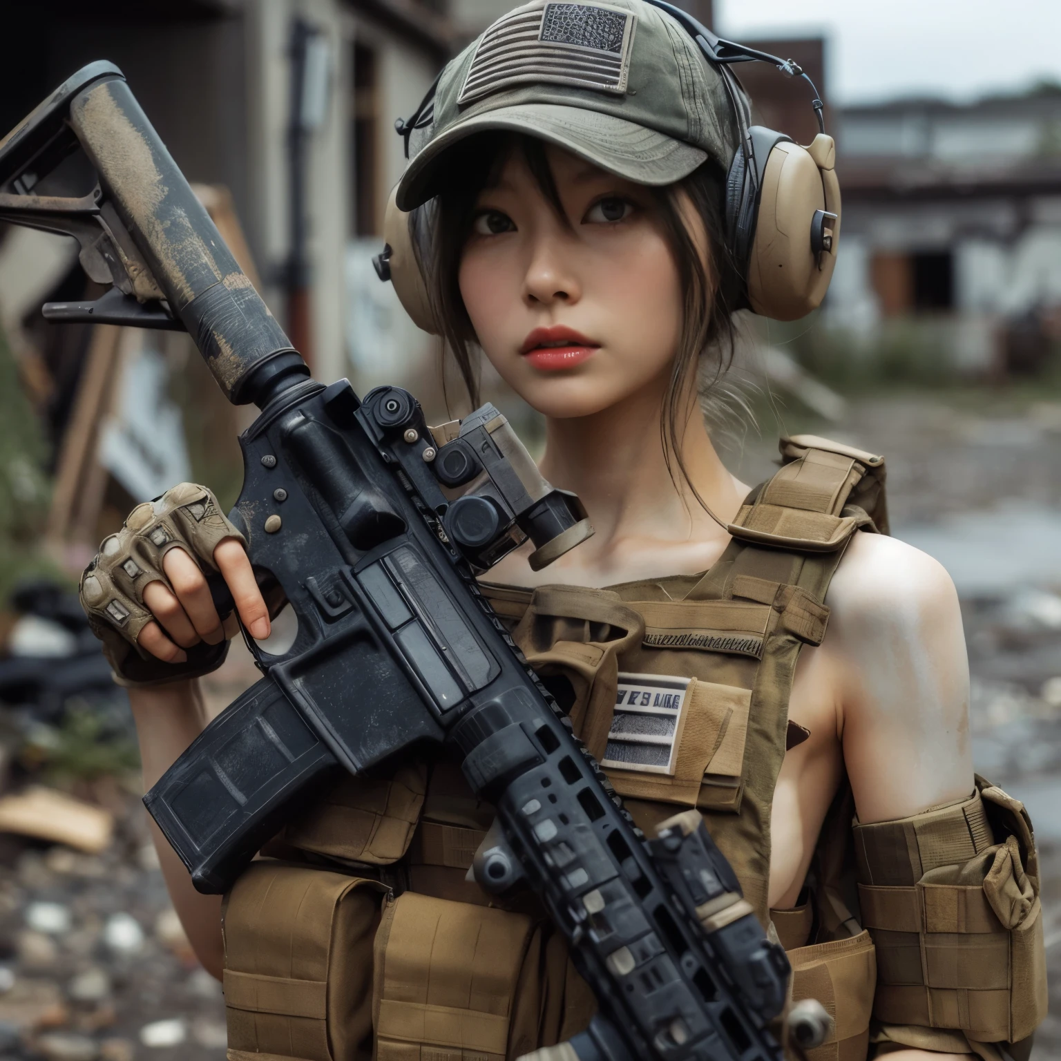 Photorealsitic、realistic skin textures、automatic rifle