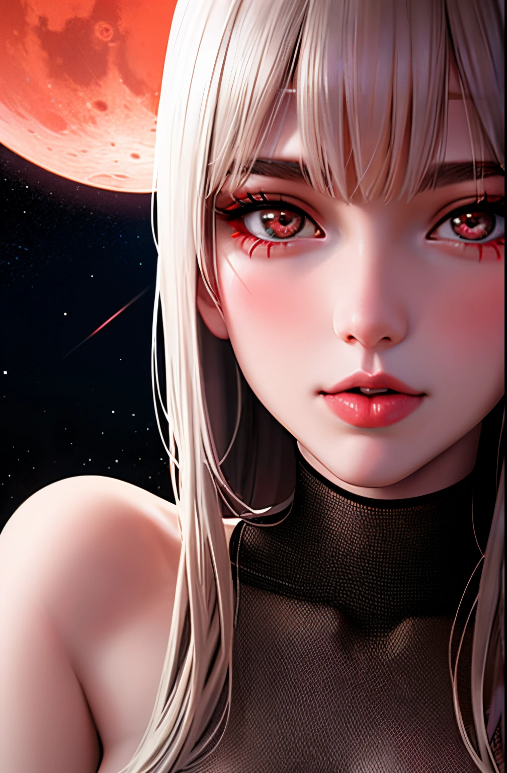 1 girl, beautiful face, ((white eyes)), sexy pose, red moon in the background, stars, space, (lightroom: 1.13), soft light, (natural skin texture: 1.2), (hyperrealism: 1.2), sharp focus, focus