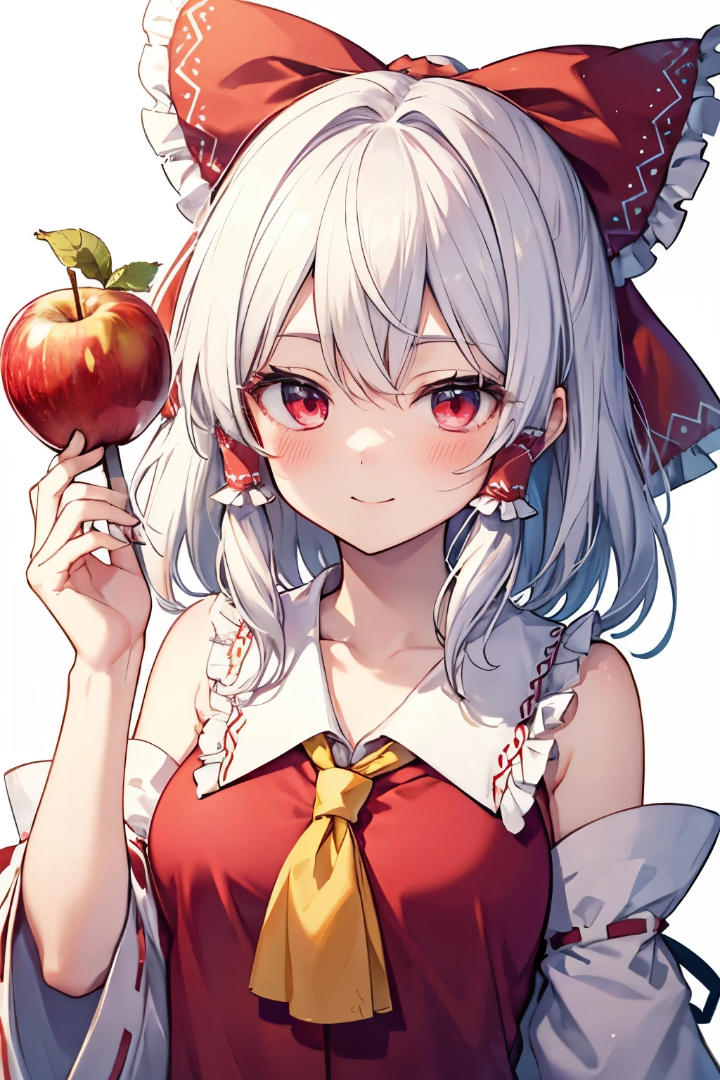 Hakurei Reimu,Touhou project, smile, blush , half body, white hair, holding apple