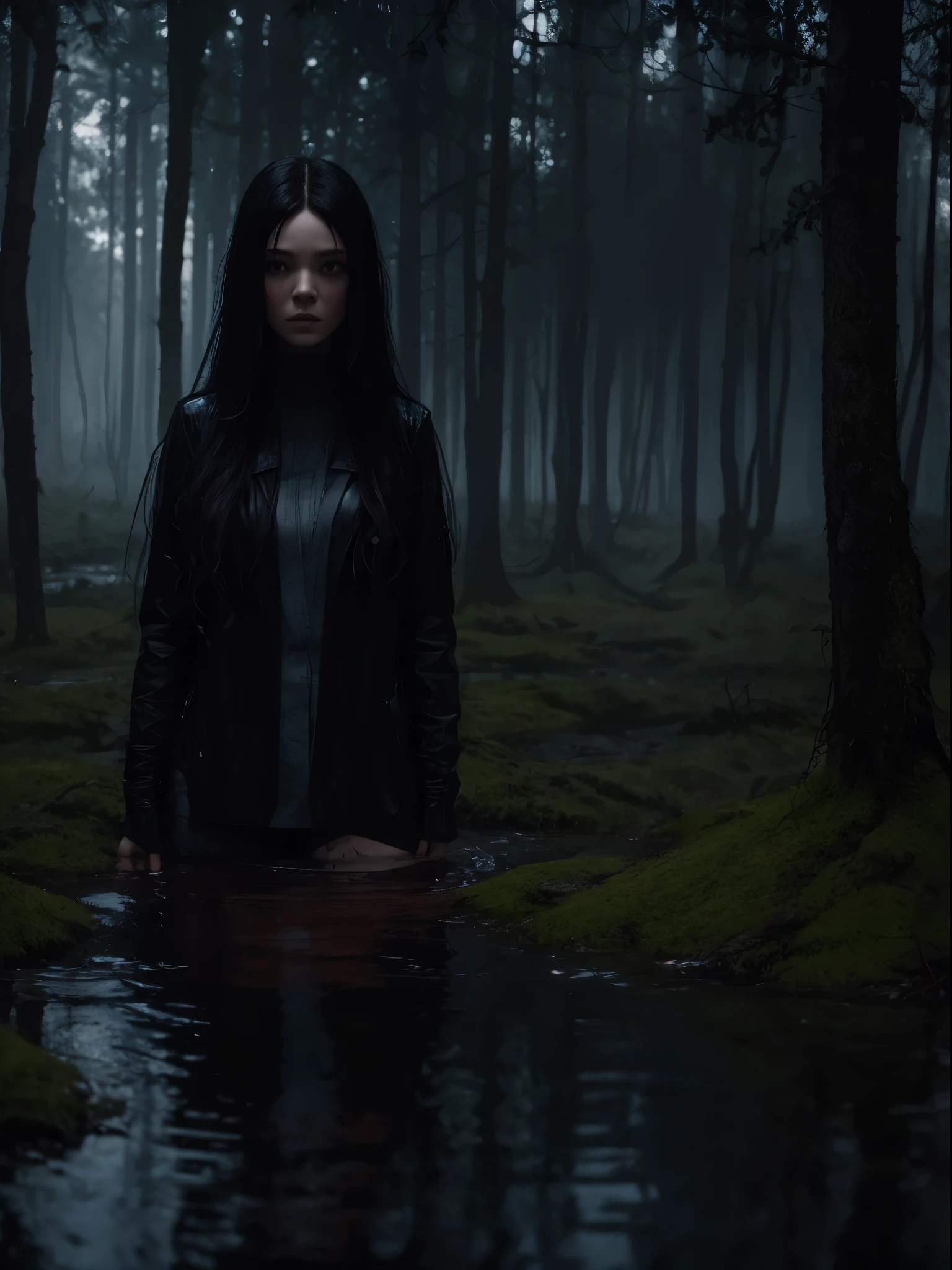 female with long black hair, Pond in the forest, Rain, horror atmosphere, creepy, Best Quality, 8K