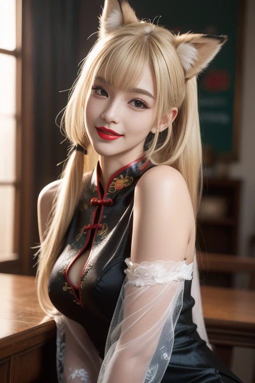 sidelocks, long hair, smiling, looking at viewer, from front, twintails, bangs, blonde hair, mole under eye, aqua eyes, fox ears, makeup, parted lips, masterpiece, high quality, best quality, anatomically correct, pinup cheongsam, black dress, makeup, red lips, wide hips, huge breasts, boob window