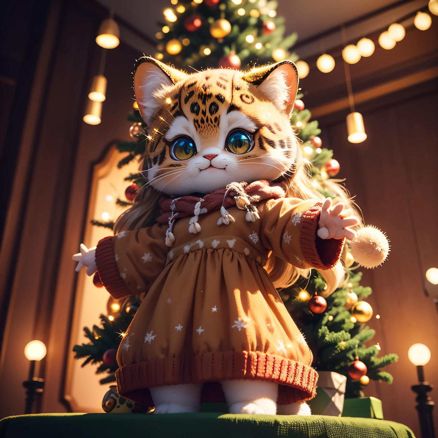 masterpiece、top-quality、ultra-detailliert、(leopard animal with a face like a chibi character leopard animal:1.3),natural long hair,red white green knit dress,The glitter shines、(Christmas tree:1.1),drop light,Western-style living room,a smile、Full-body standing figure,The glitter shines