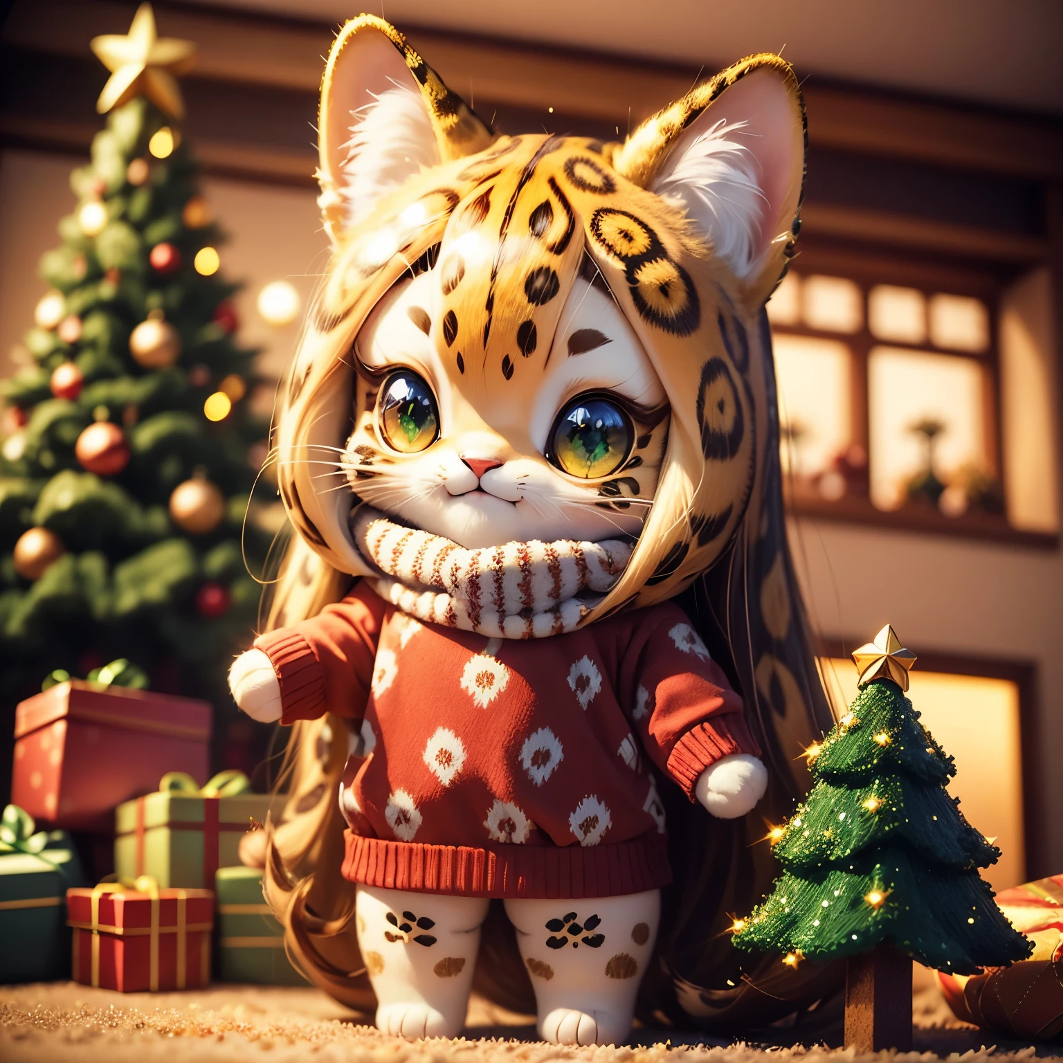 masterpiece、top-quality、ultra-detailliert、(leopard animal with a face like a chibi character leopard animal:1.3),natural long hair,red white green knit dress,The glitter shines、(Christmas tree:1.1),drop light,Western-style living room,a smile、Full-body standing figure,The glitter shines