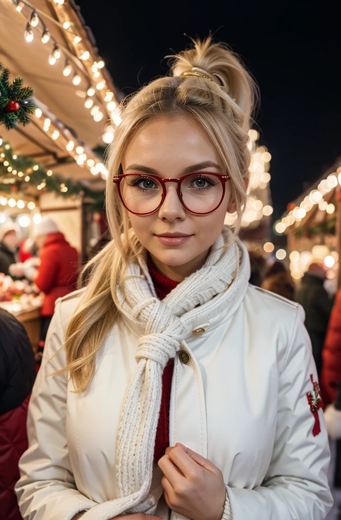 Slavic girl 26 years old, blonde hair, petite, slim, small boobs, ponytail, red glasses, wearing white down winter coat, Christmas tree, ready to go outside, scarf around the neck, Christmas market, night, she don't look at the viewer,