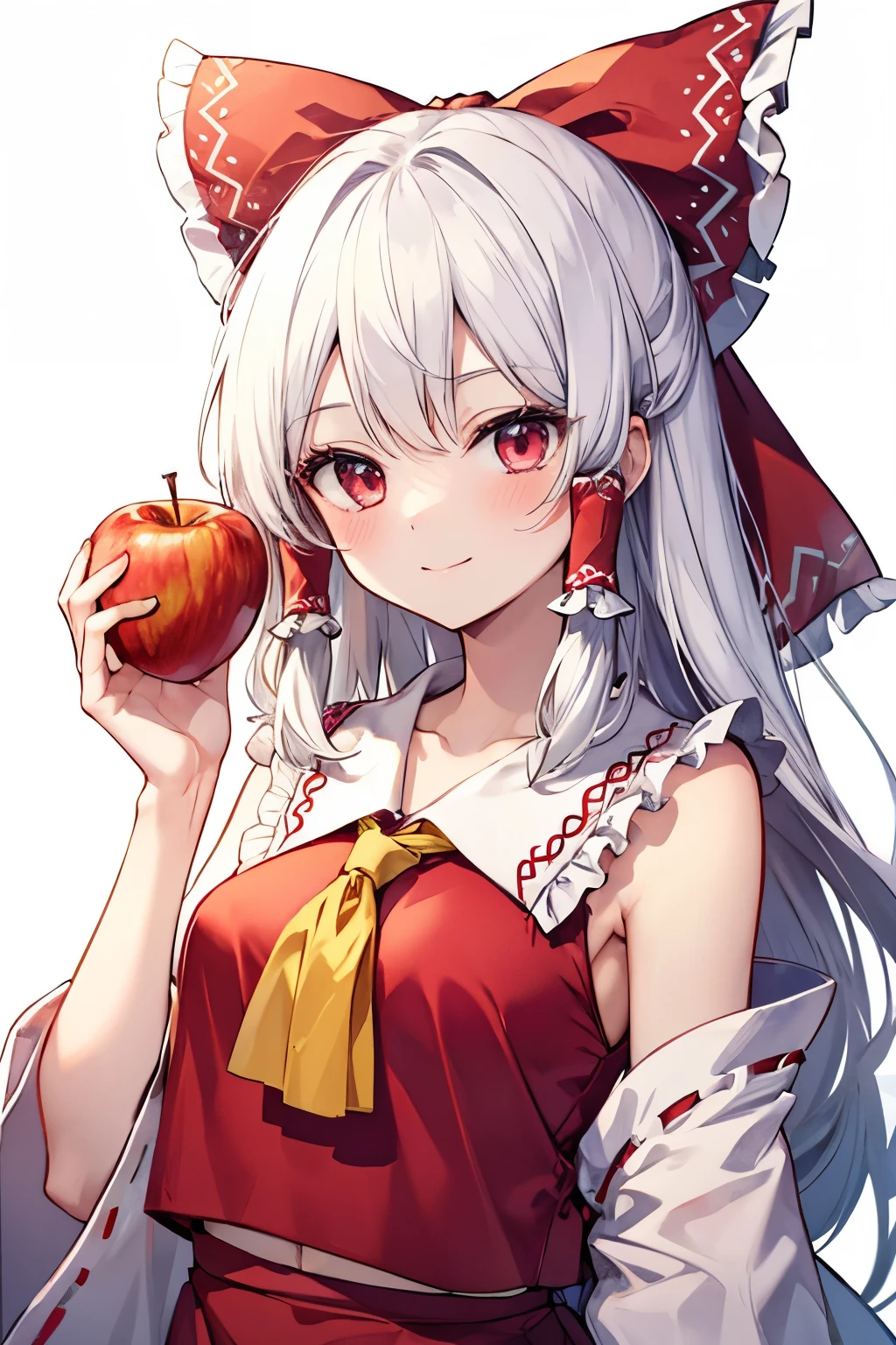 Hakurei Reimu,Touhou project, smile, blush , half body, white hair, holding apple