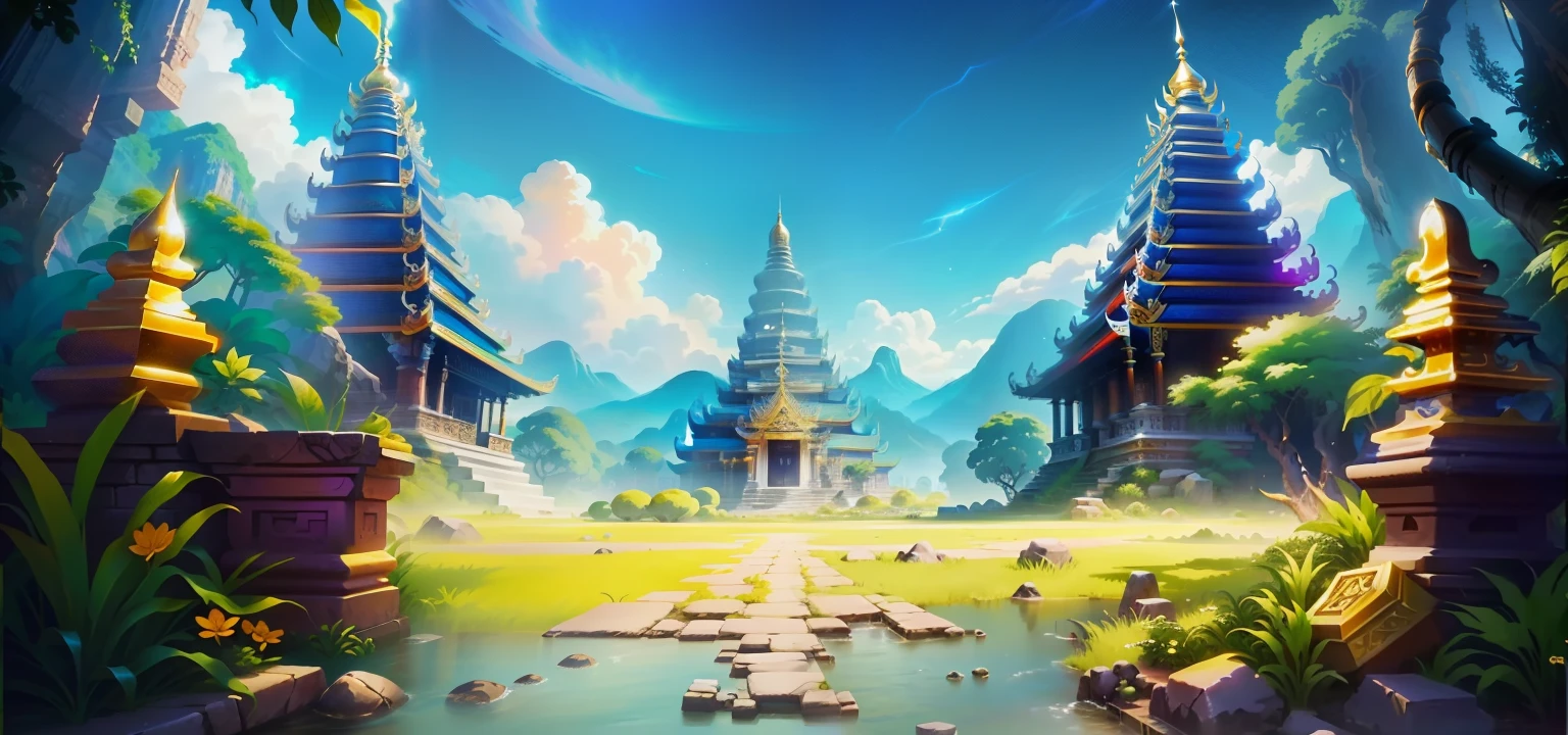 a close up of a stone floor with river behind, sky, game background, mobile game background, palace background, background artwork, background art, background image, background depicting a temple, epic background, treasure background, royal Thailand temple, videogame background, thailand asmosphere, thailand mood, jungle dummy, jungle pokdeng, official screenshot, detailed screenshot, official artwork, toki pona, pooka, game logo, high quality screenshot, pc screenshot, key art, loading screen, splash screen, screenshot, official splash art, high detailed official artwork, splash screen art, loading screen. 8k resolution, hd screenshot,