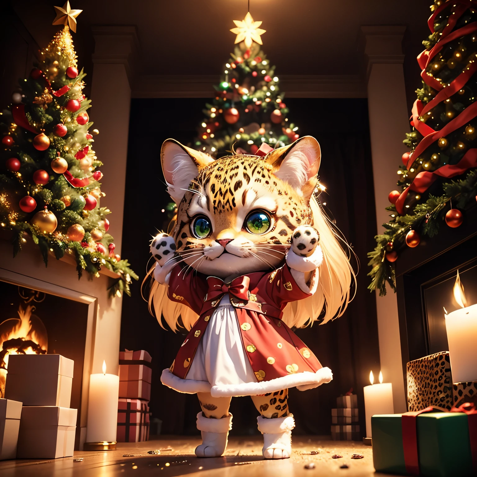 ​masterpiece、top-quality、ultra-detailliert、（leopard animal with a face like a chibi character leopard animal:1.3），natural long hair,red white green party dress，The glitter shines、(Christmas tree:1.1)，drop light，Western-style living room，a smile、Full-body standing figure，The glitter shines