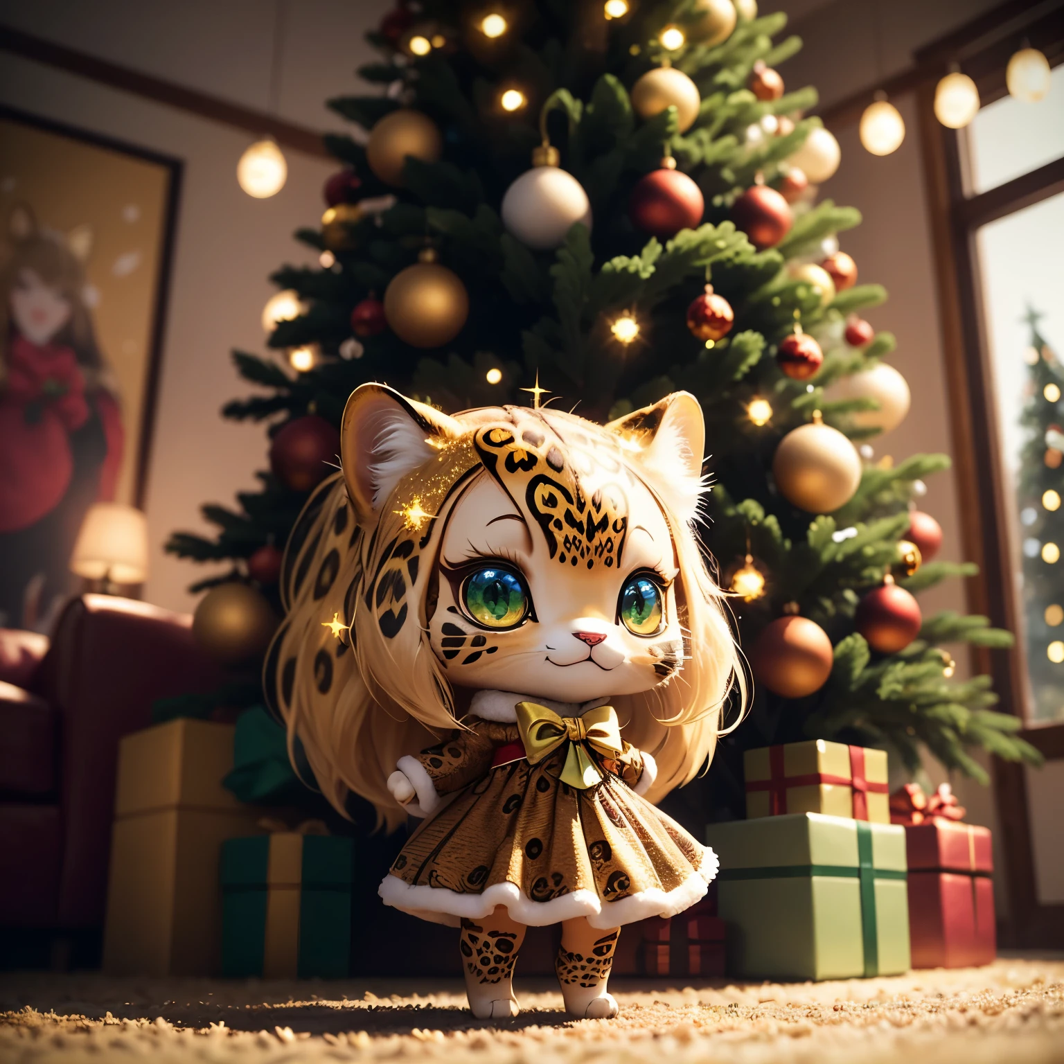 masterpiece、top-quality、ultra-detailliert、(leopard animal with a face like a chibi character leopard animal:1.3),natural long hair,red white green party dress,The glitter shines、(Christmas tree:1.1),drop light,Western-style living room,a smile、Full-body standing figure,The glitter shines