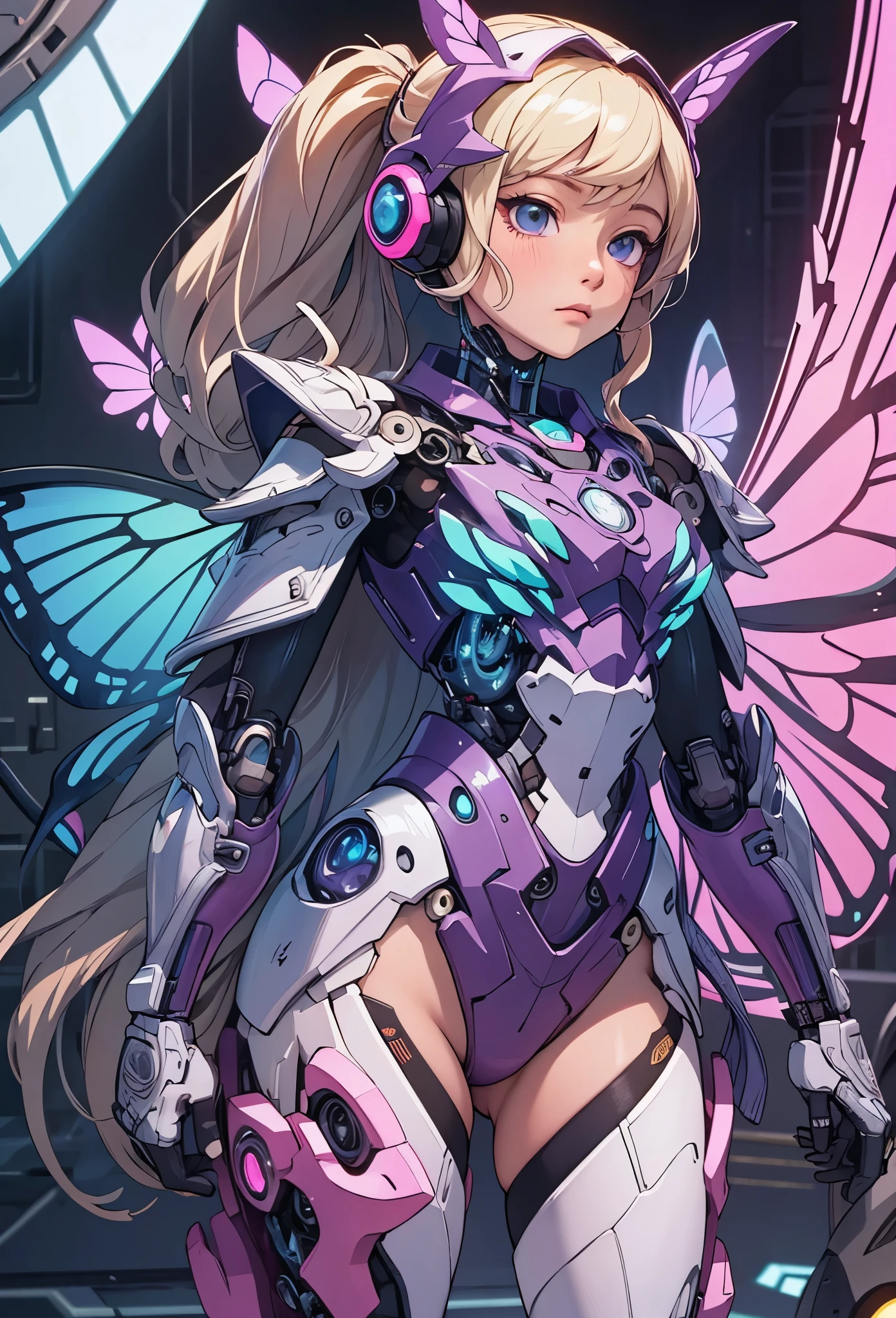 (Detailed illustrations,Very detailed and detailed drawing,Delicate lines with slow and rapid,Realistic texture expression),[Color tressed main line],[labo],[[HENTAI]] ANIME (CYBERGirl anime Beauty 13 years old Cyborg [Wavy Hair (platinum-blonde)]),([Butterfly wings] Magenta-pink Papillon cybernean armor [Aurora Armor] Fuselage only transparent material) Cyber Headset,(cybernetic),(Intricate and beautiful decoration [Dense detail]),(Fine and beautiful skin expression [Transparency]),[完璧な目のdetaileds (Iris beautifully drawn in every detail)[Jewel-like eyes]],[long and beautiful eyelashes],[Meticulously drawn hair [美しく艷やかな髪のdetaileds]],(完璧な手のdetaileds [Beautiful fingers without breakdowns [Beautiful nails]]),(Perfect Anatomy(Perfectly proportioned))[[Full body like]],[[Design built to the highest level]][Ideal color coordination(Accurate simulation of light-material interactions)],([Precision Detail](detaileds,high-detail)),[Visual art that conveys a sense of narrative].