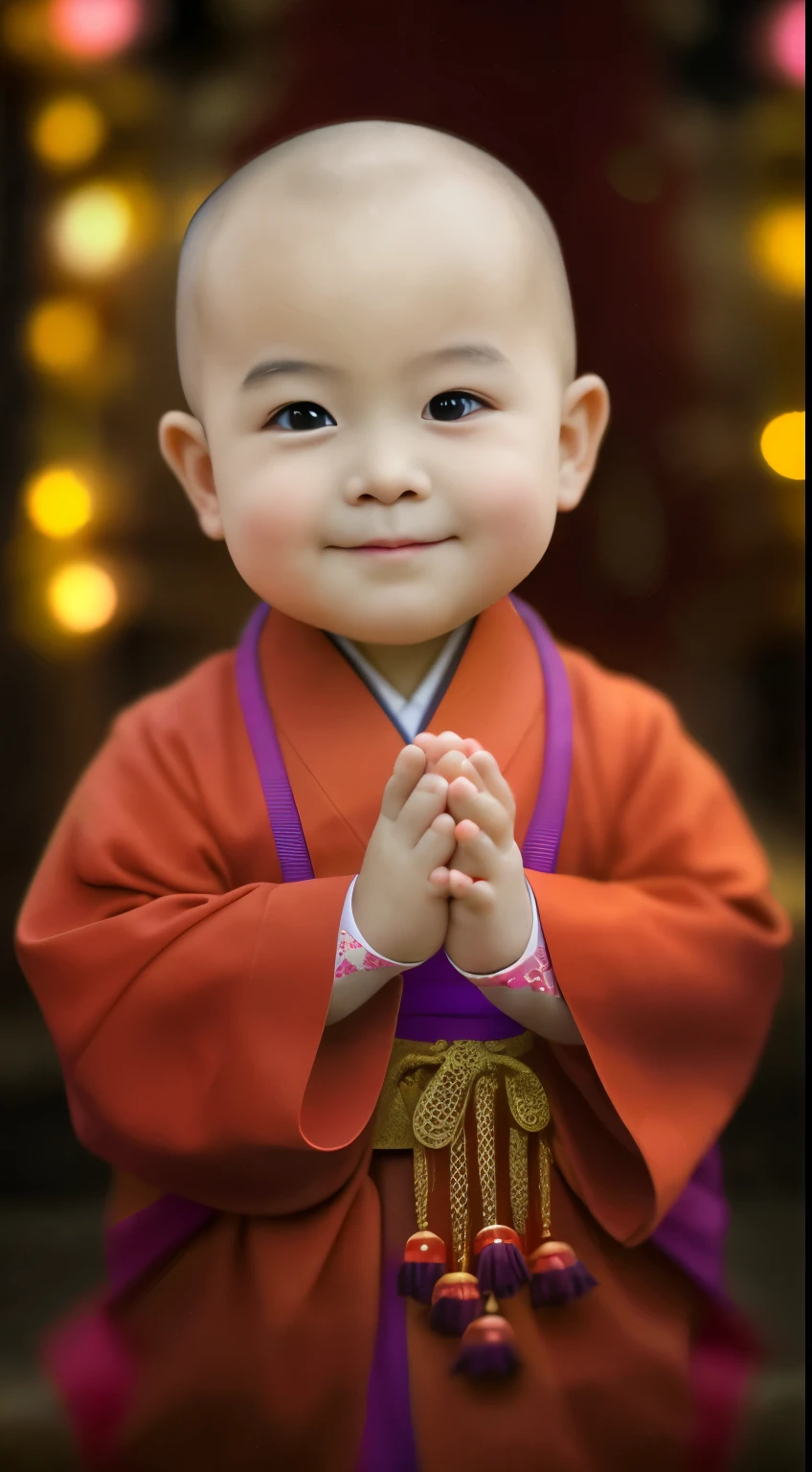 2  Chinese infant mwas holding hands，sitting cross-legs，purple japanese monk robe，Facial features that are perfect for the beholder，Background of the Japan Temple，Ultra-sharp image quality，Ultra-realistic style of life life，9:16 scale