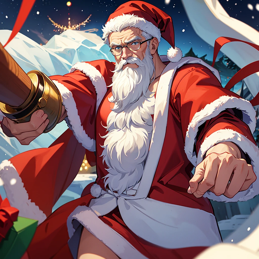 Middle-aged man, short white hair, white mustache, handsome masculine face, perverted expression, white beard, muscular body, huge chest, huge biceps, gray body hair, blue eyes and muscular thighs. He is wearing a sexual Santa Claus costume, wearing a black leather jockstrap with a huge bulge in the crotch, red harness on his chest, Santa Claus hat. He is sitting in a red leather armchair with his legs spread, with a whip in his right hand and a Christmas theme. Front angle.