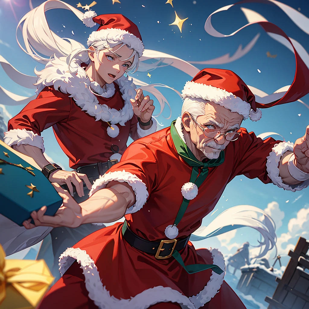 top-quality、Top image quality、best hand、male people、A old man、well-muscled、santa costume、fighting santa claus、protect gift bags、dynamic quality、snowscape、With a white bag、protect presents from enemies、eye glass