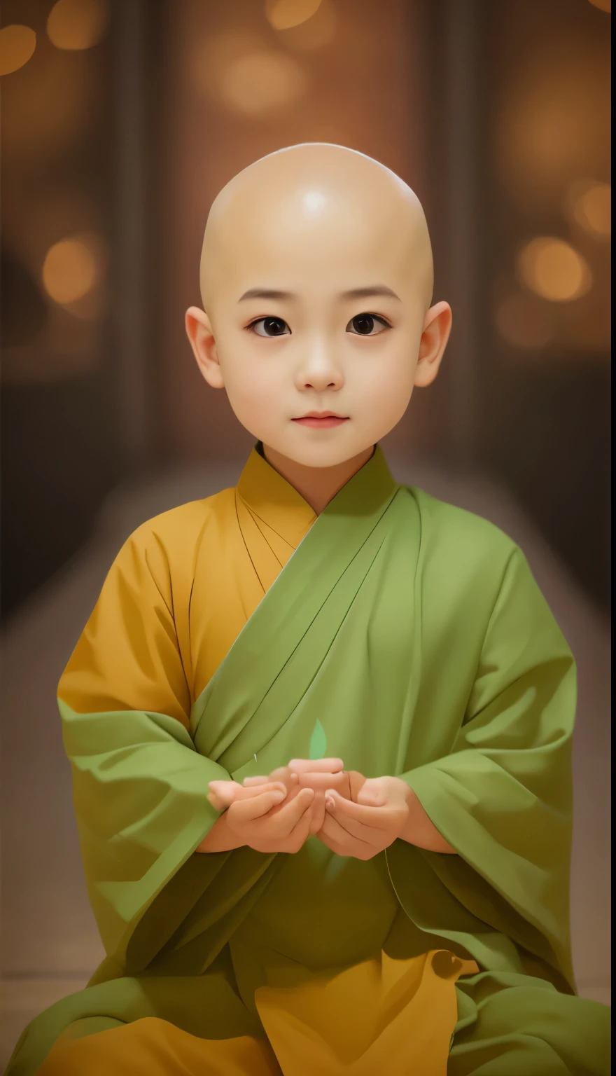 depth of fields,Highest image quality,(nmasterpiece),(Beautiful CG rendering),((super cute little male monk)),(((Make a gesture of connection))),Seeing the audience from the front,With background,(rounded facial features),bald head has no hair,fleshy little hands,With smiling eyes,,(mesmerizing eyes),8K,(Super exquisite detail on clove,(((Little Shota))),hold beads in hand